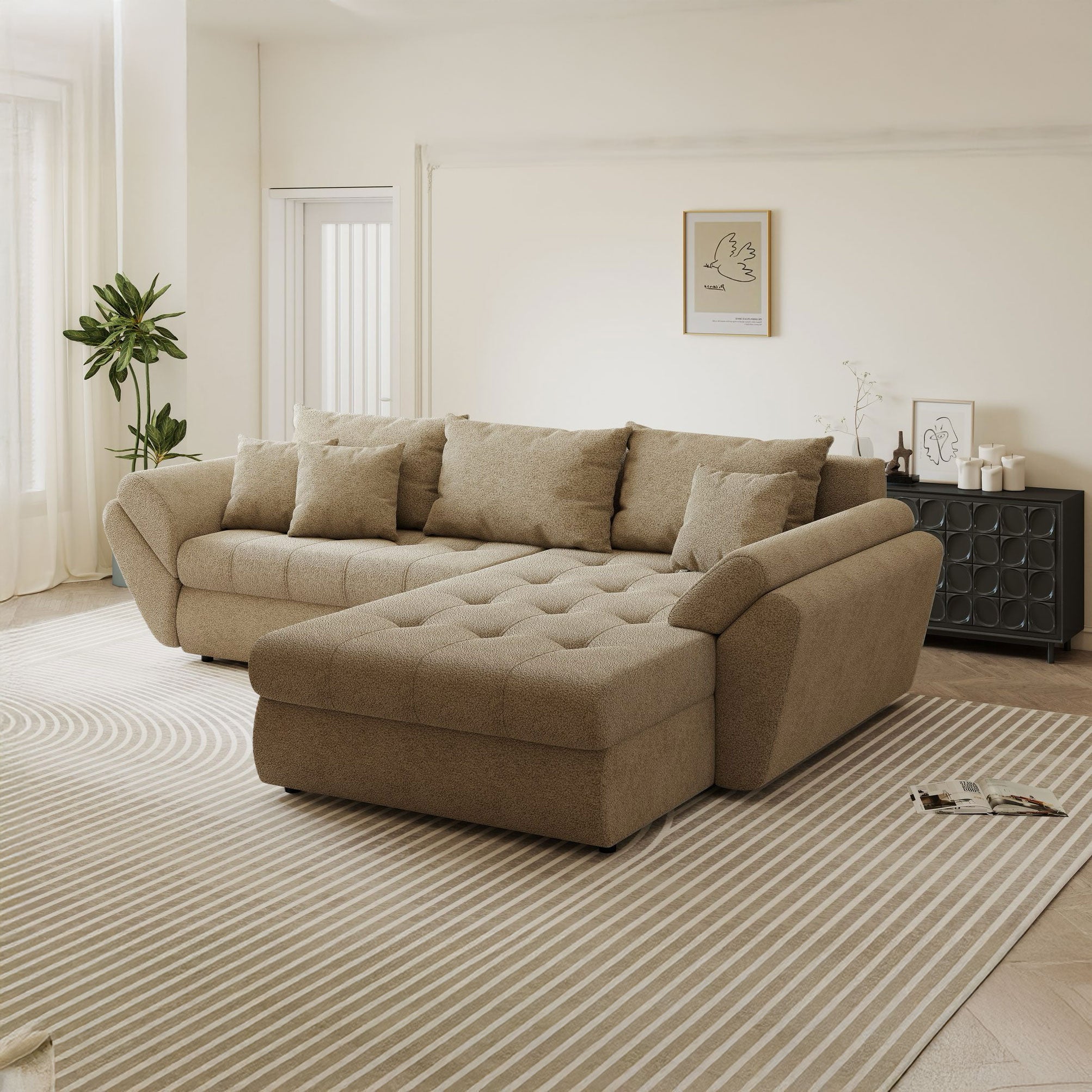 Colțar extensibil dumonde cu ladă de depozitare si sezut confortabil din spuma high-density, Loana Quelle Bej II 270x185 cm