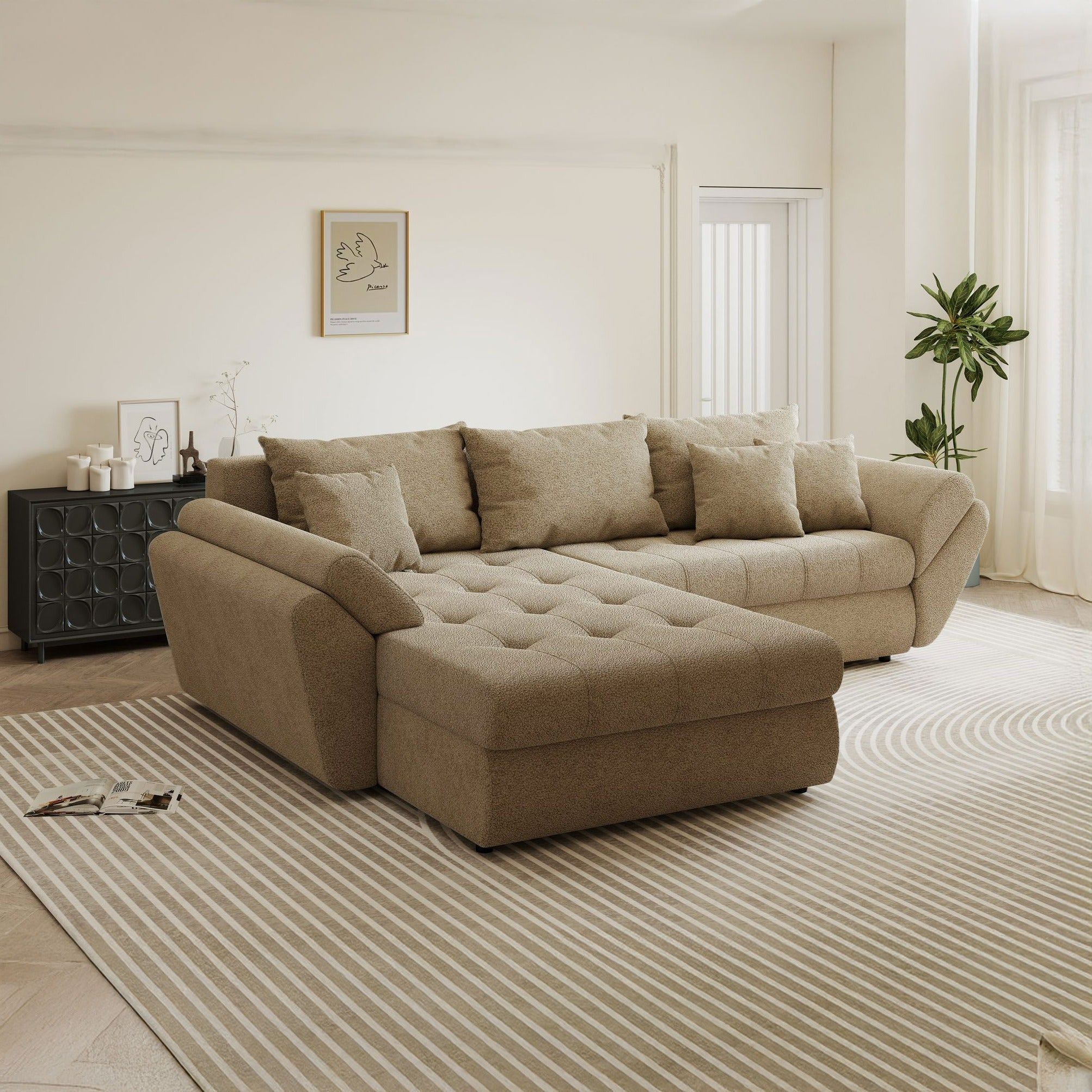 Colțar extensibil dumonde cu ladă de depozitare si sezut confortabil din spuma high-density, Loana Quelle Bej 270x185 cm