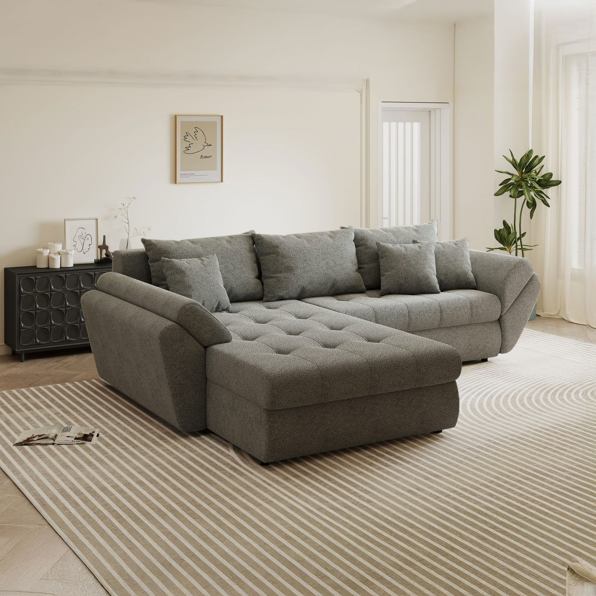 Colțar extensibil dumonde cu ladă de depozitare si sezut confortabil din spuma high-density, Loana Quelle Gri 270x185 cm