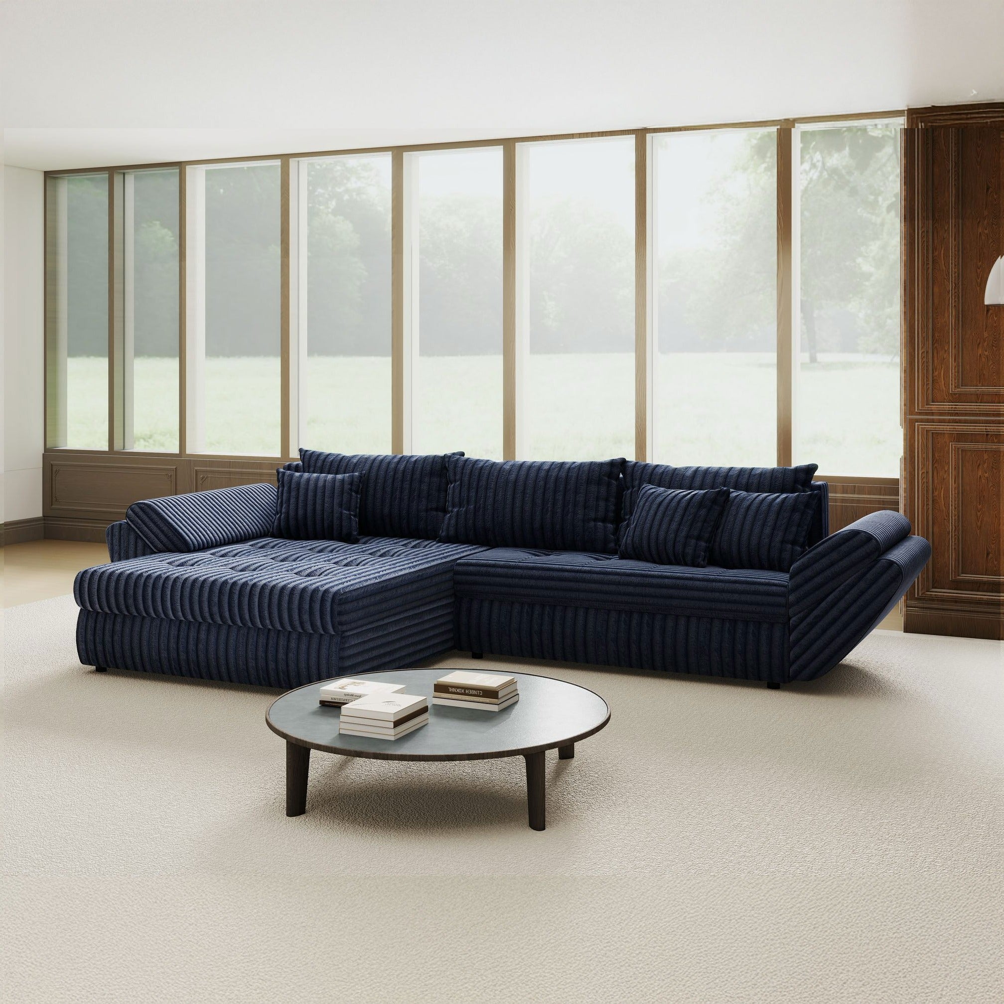 Colțar extensibil dumonde cu ladă de depozitare si sezut confortabil din spuma high-density, Loana Tilia Albastru 270x185 cm