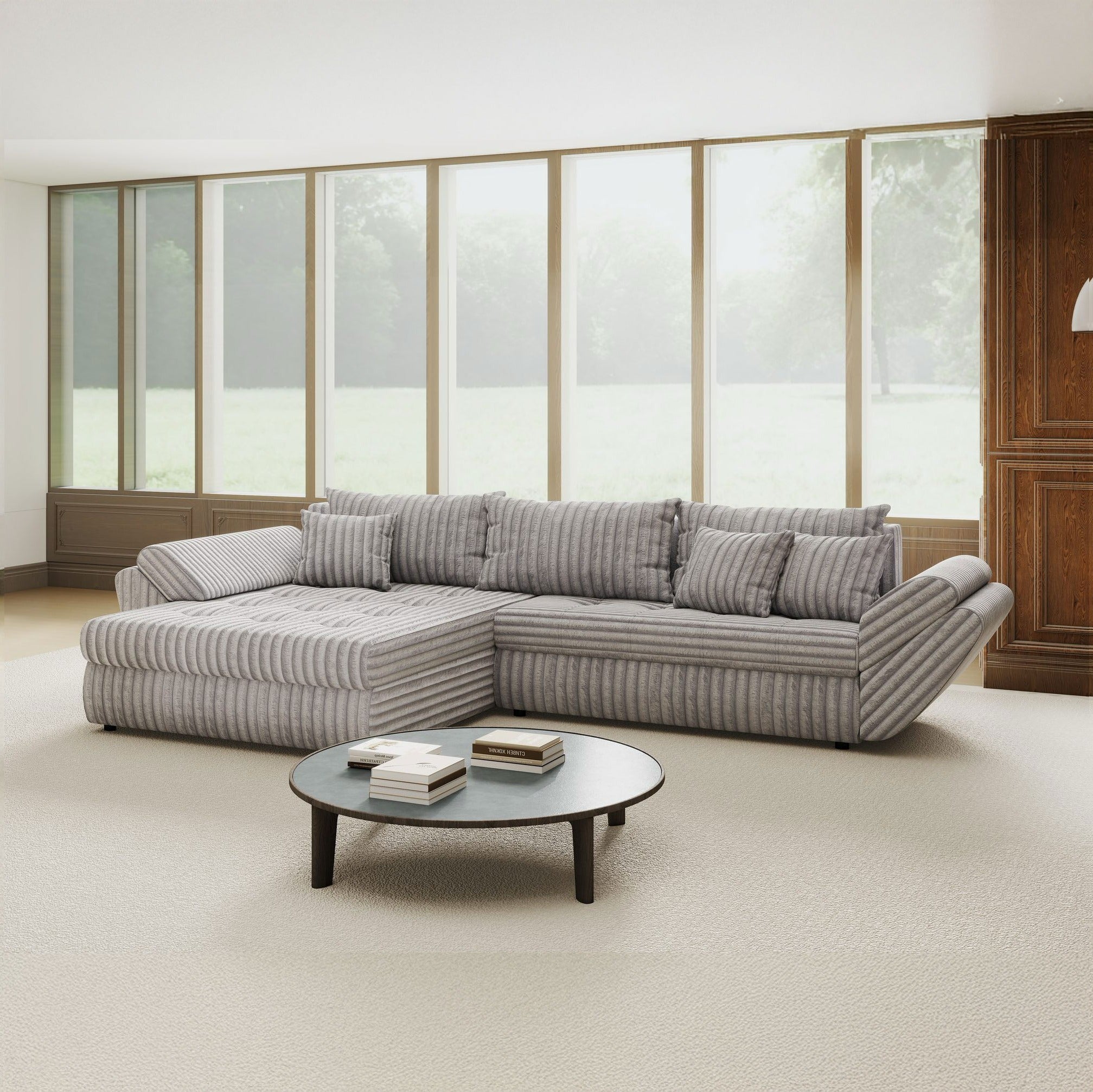 Colțar extensibil dumonde cu ladă de depozitare si sezut confortabil din spuma high-density, Loana Tilia Gri 270x185 cm