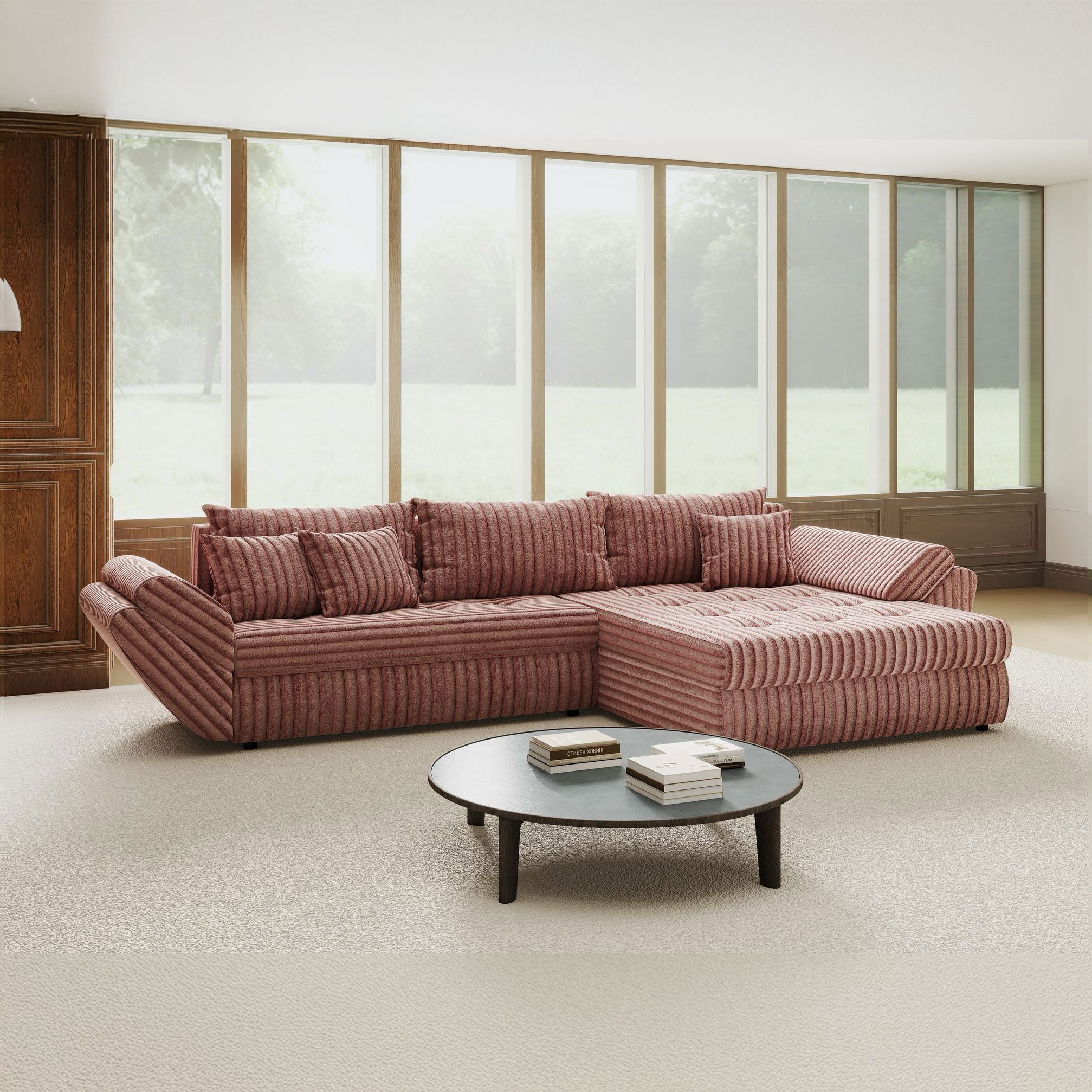 Colțar extensibil dumonde cu ladă de depozitare si sezut confortabil din spuma high-density, Loana Tilia Roz pudrat II 270x185 cm