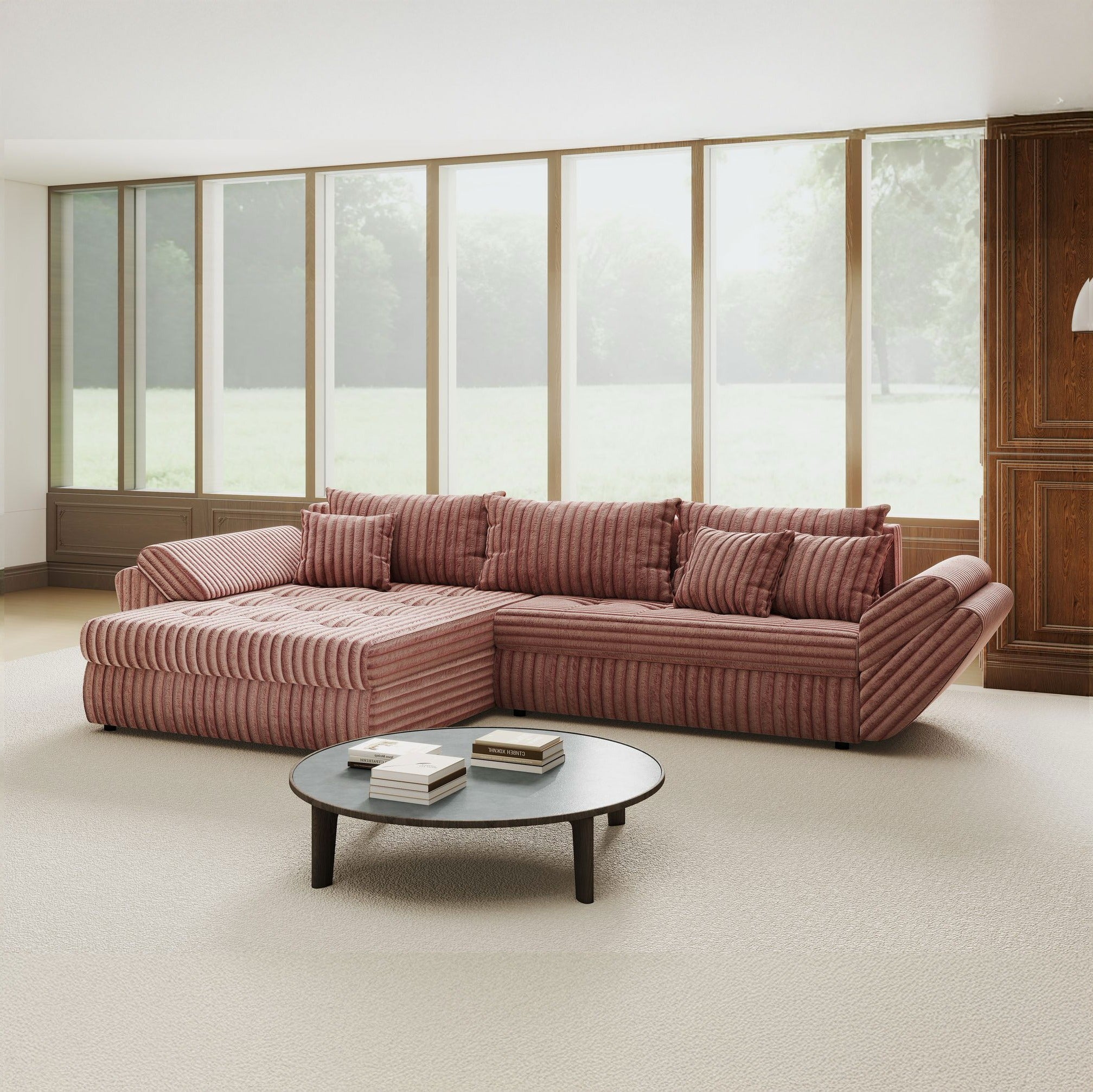 Colțar extensibil dumonde cu ladă de depozitare si sezut confortabil din spuma high-density, Loana Tilia Roz pudrat 270x185 cm