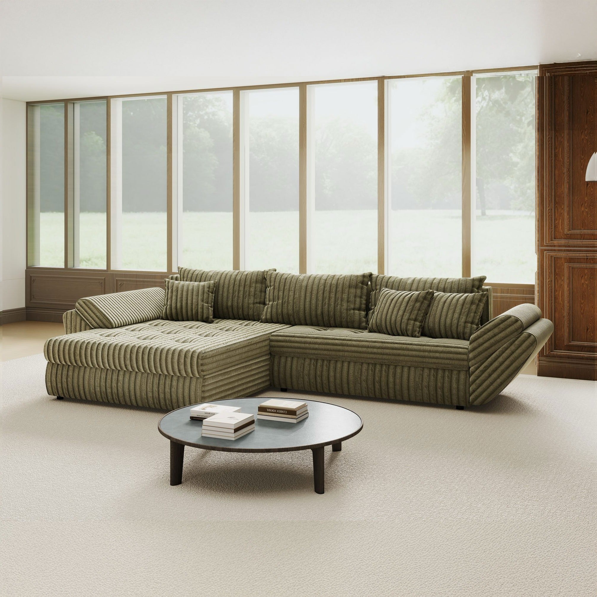 Colțar extensibil dumonde cu ladă de depozitare si sezut confortabil din spuma high-density, Loana Tilia Verde olive 270x185 cm