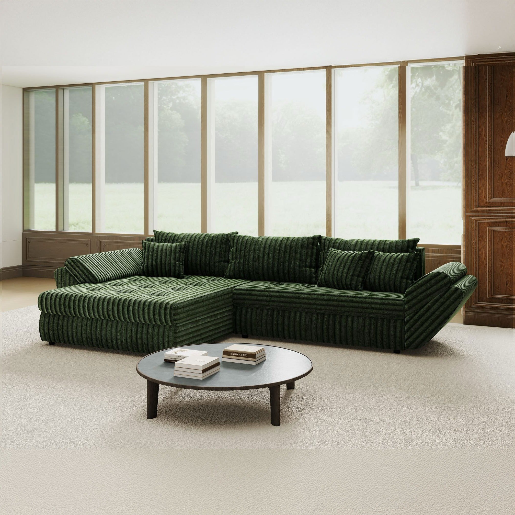 Colțar extensibil dumonde cu ladă de depozitare si sezut confortabil din spuma high-density, Loana Tilia Verde 270x185 cm