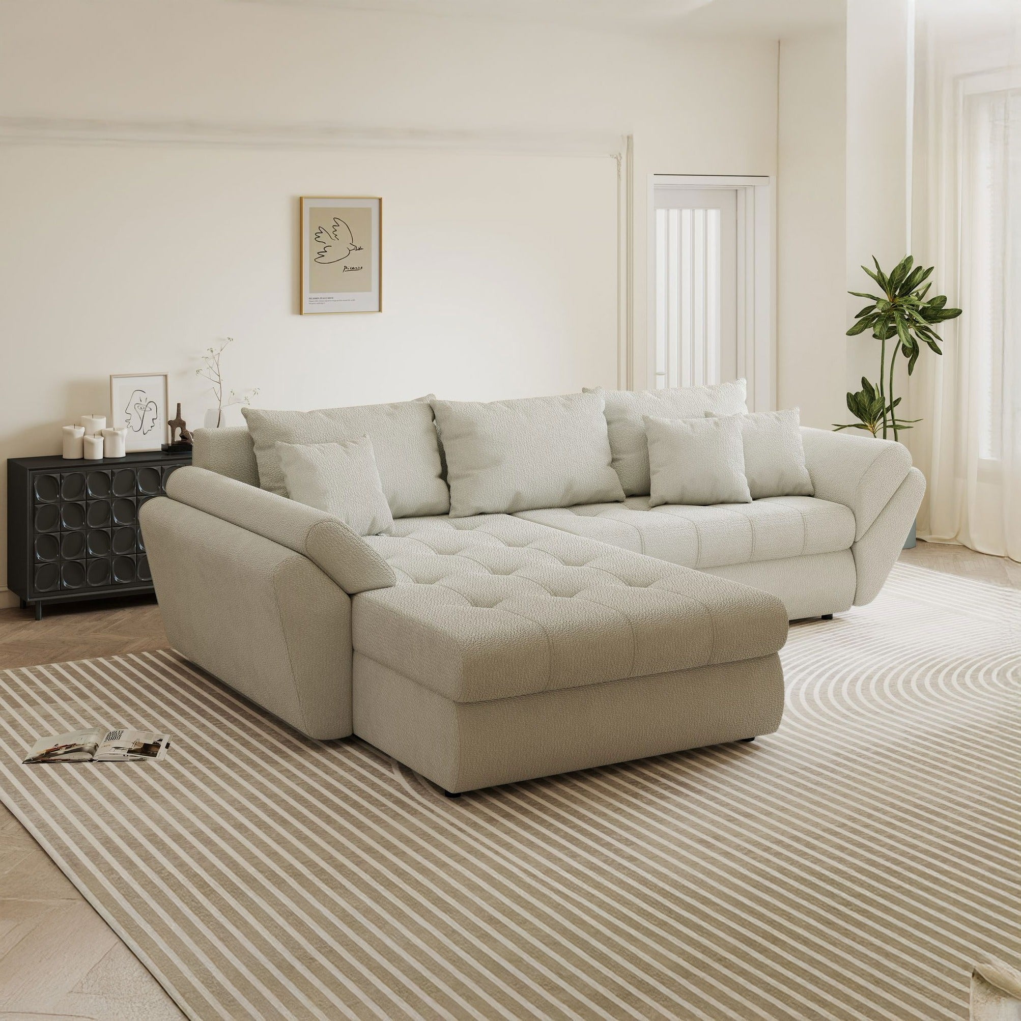 Colțar extensibil dumonde cu ladă de depozitare si sezut confortabil din spuma high-density, Loana Vibe Bej 270x185 cm