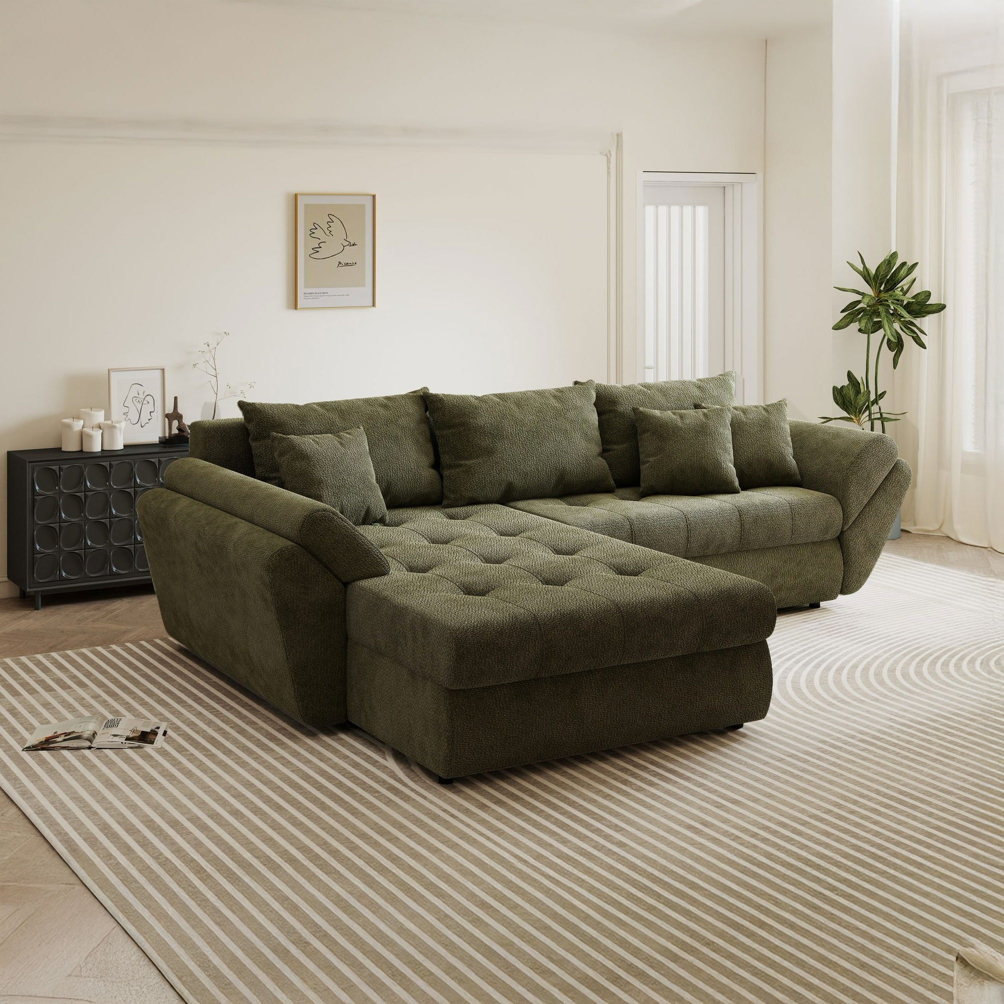 Colțar extensibil dumonde cu ladă de depozitare si sezut confortabil din spuma high-density, Loana Vibe Olive 270x185 cm