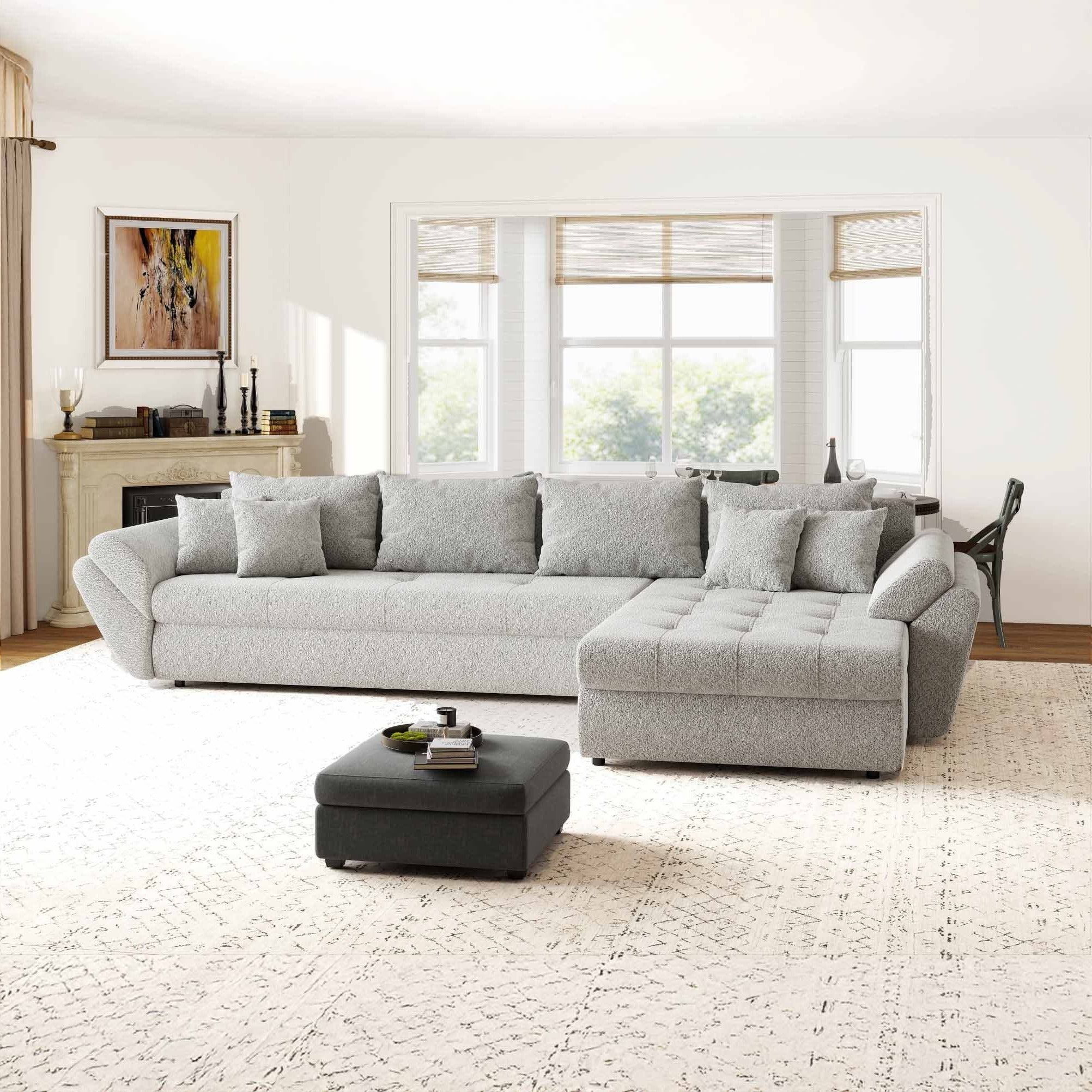 Colțar extensibil dumonde cu ladă de depozitare si sezut confortabil din spuma high-density, Loana XL Arena Gri II 335x185 cm
