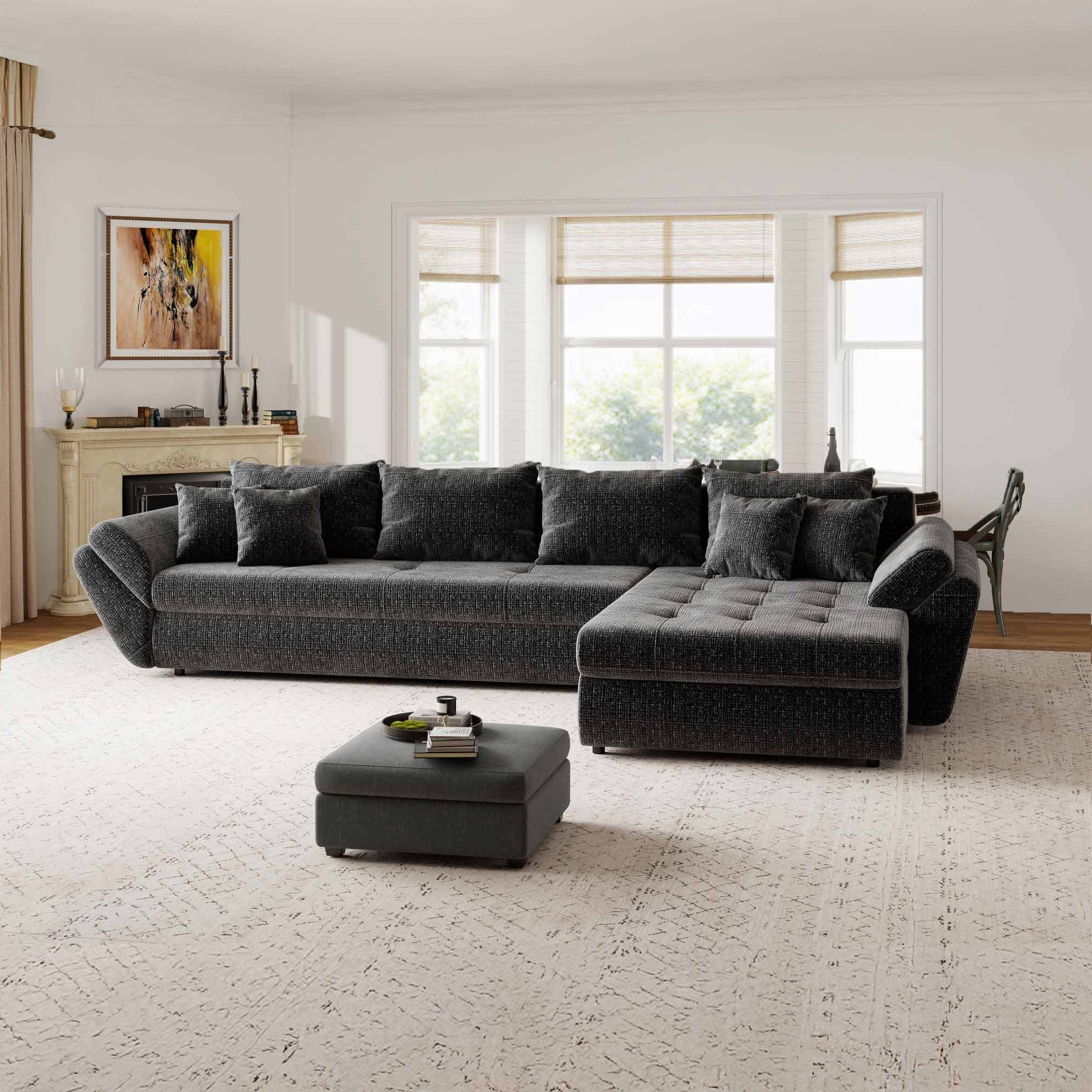 Colțar extensibil dumonde cu ladă de depozitare si sezut confortabil din spuma high-density, Loana XL Cremona Gri Antracit II 335x185 cm