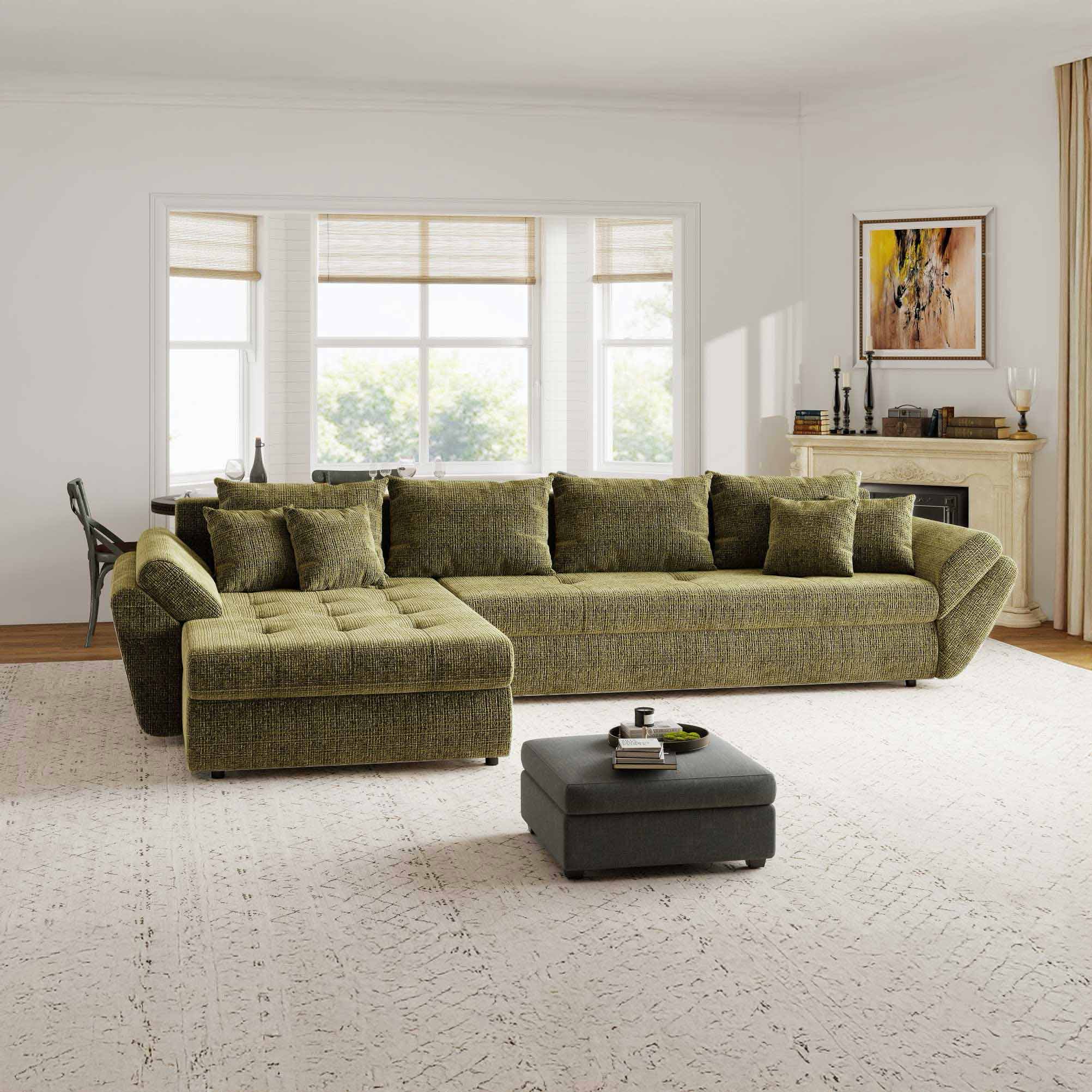 Colțar extensibil dumonde cu ladă de depozitare si sezut confortabil din spuma high-density, Loana XL Cremona Olive 335x185 cm