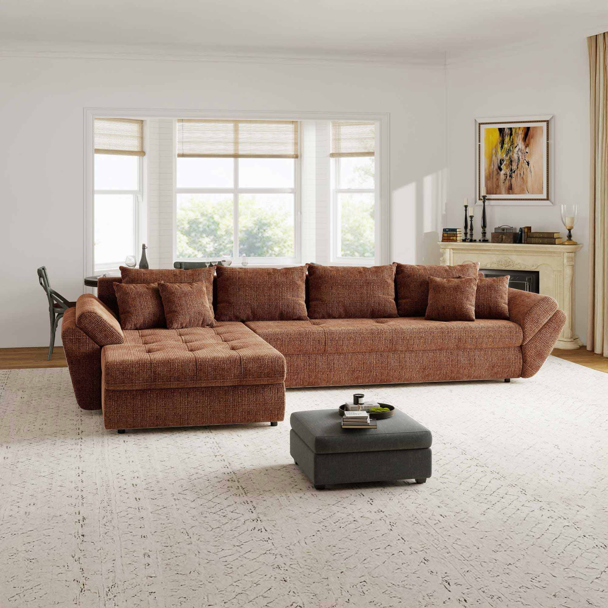 Colțar extensibil dumonde cu ladă de depozitare si sezut confortabil din spuma high-density, Loana XL Cremona Teracota 335x185 cm
