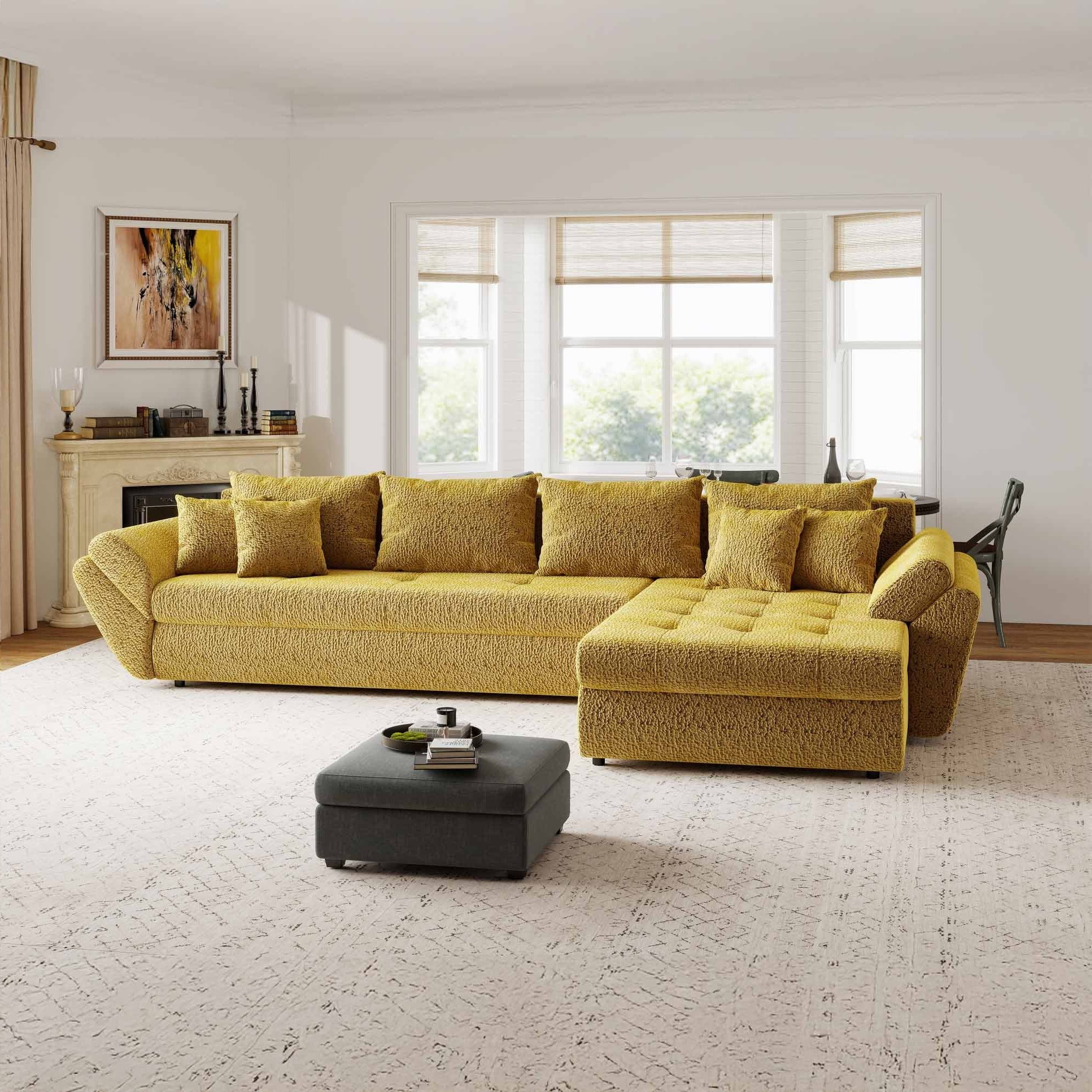 Colțar extensibil dumonde cu ladă de depozitare si sezut confortabil din spuma high-density, Loana XL Jaguar Galben Mustar II 335x185 cm