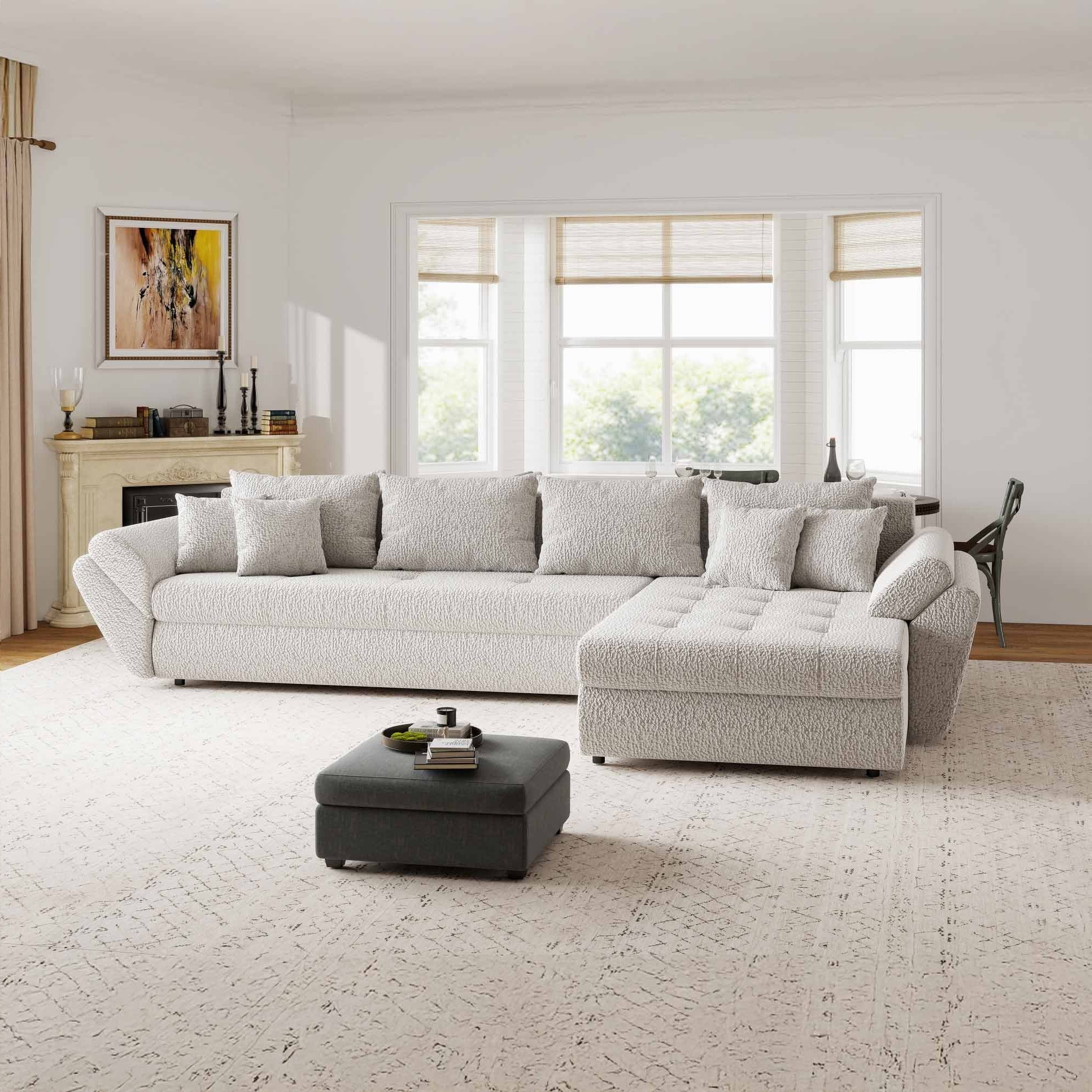 Colțar extensibil dumonde cu ladă de depozitare si sezut confortabil din spuma high-density, Loana XL Jaguar Gri II 335x185 cm
