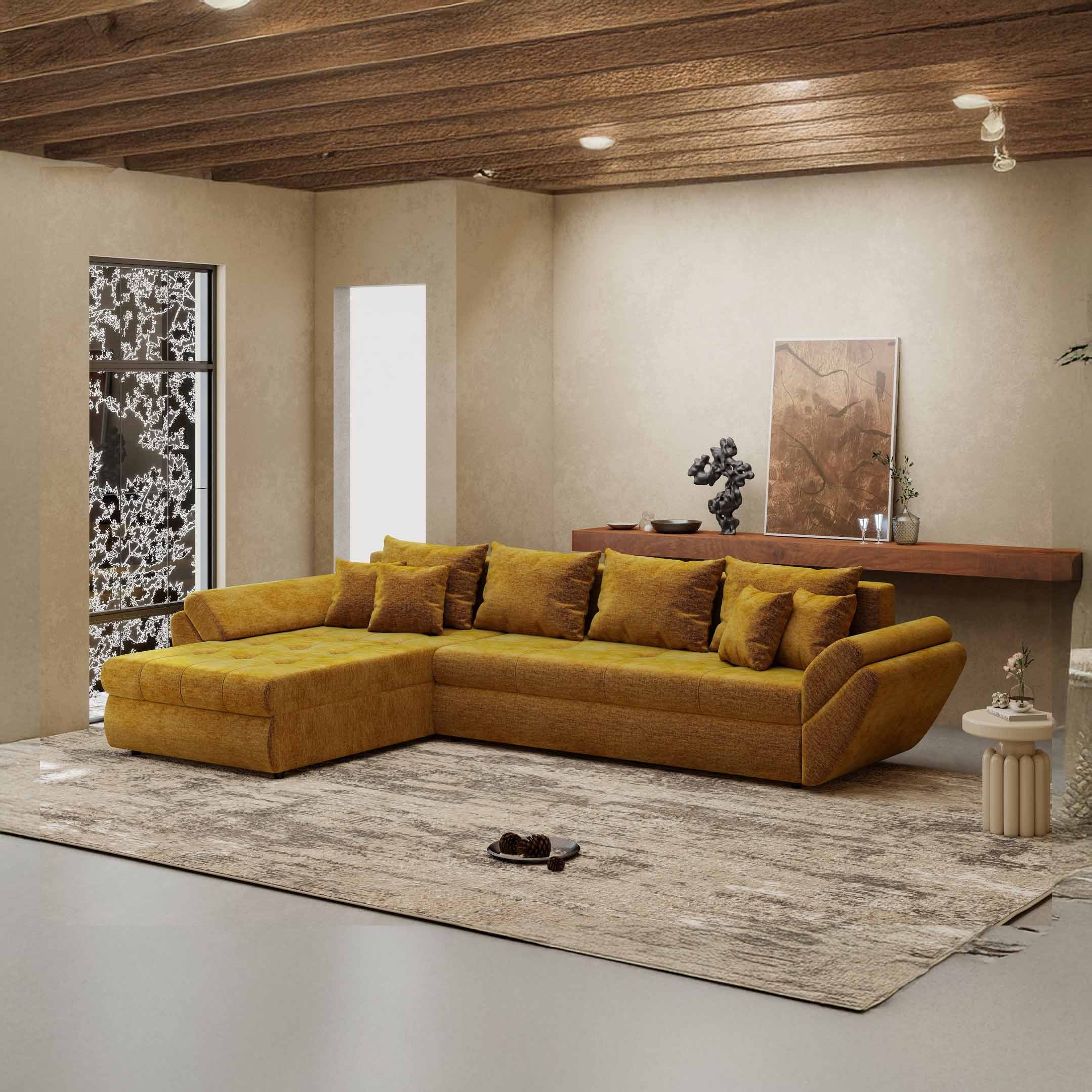 Colțar extensibil dumonde cu ladă de depozitare si sezut confortabil din spuma high-density, Loana XL Monolith Mustar 335x185 cm