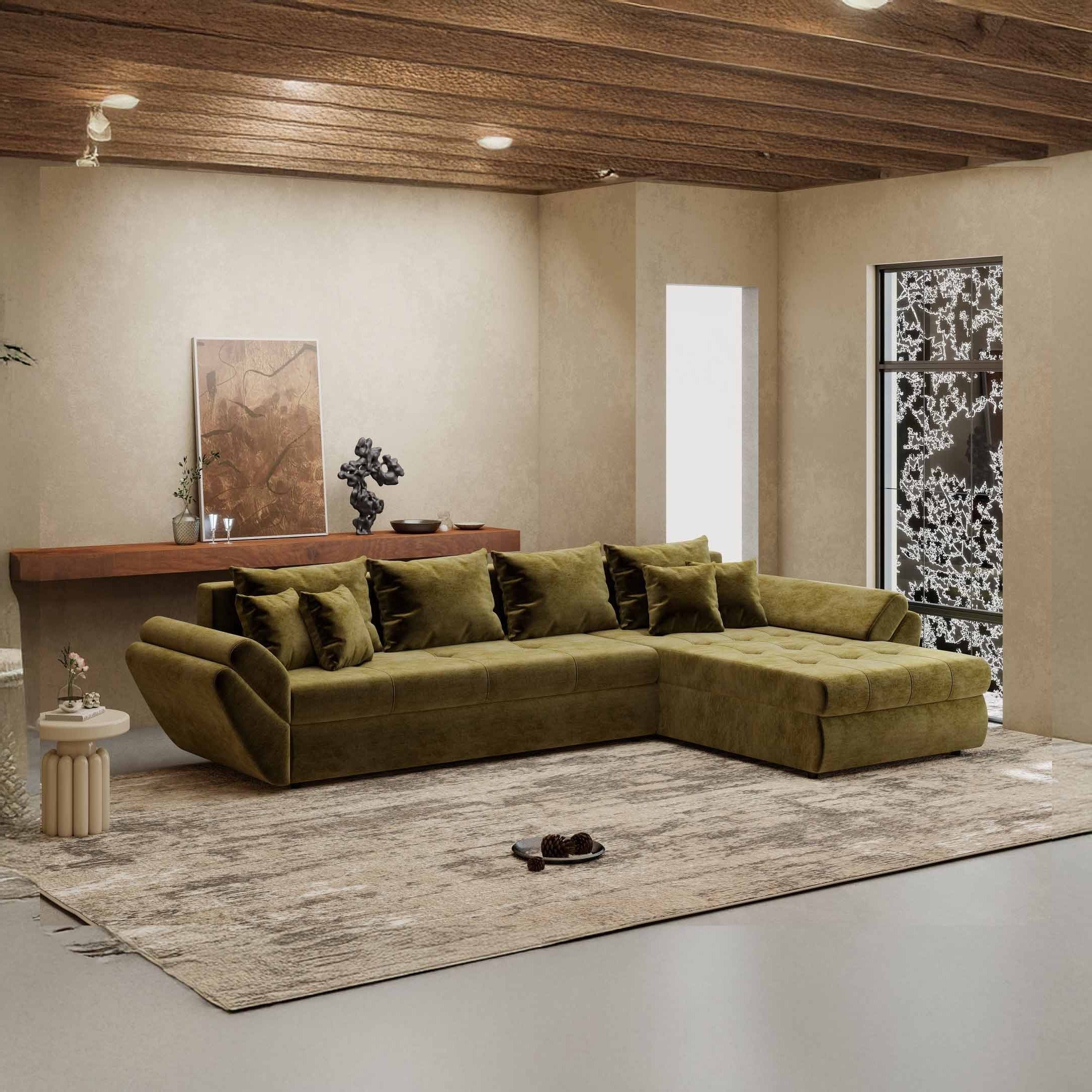 Colțar extensibil dumonde cu ladă de depozitare si sezut confortabil din spuma high-density, Loana XL Monolith Verde Olive II 335x185 cm