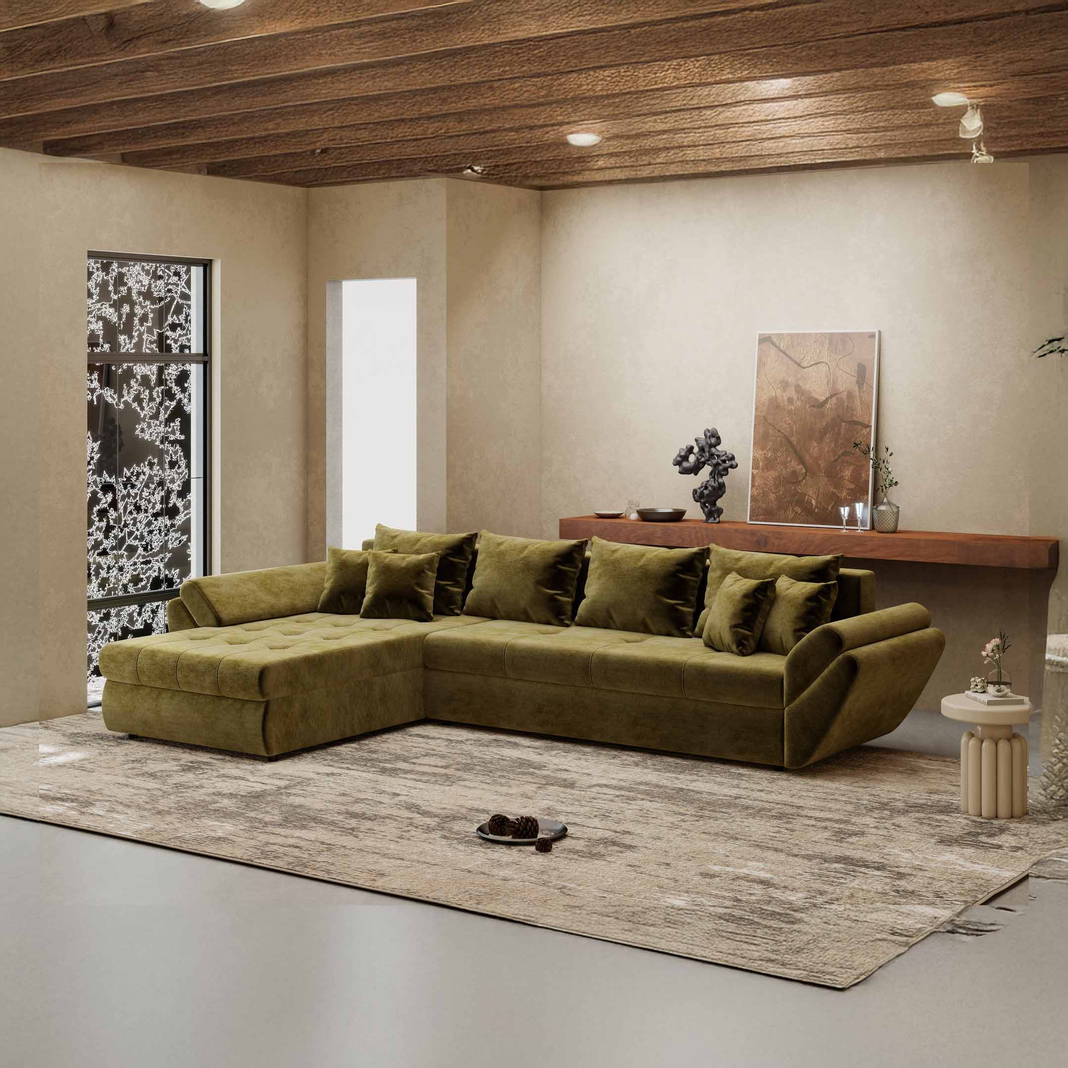 Colțar extensibil dumonde cu ladă de depozitare si sezut confortabil din spuma high-density, Loana XL Monolith Verde Olive 335x185 cm