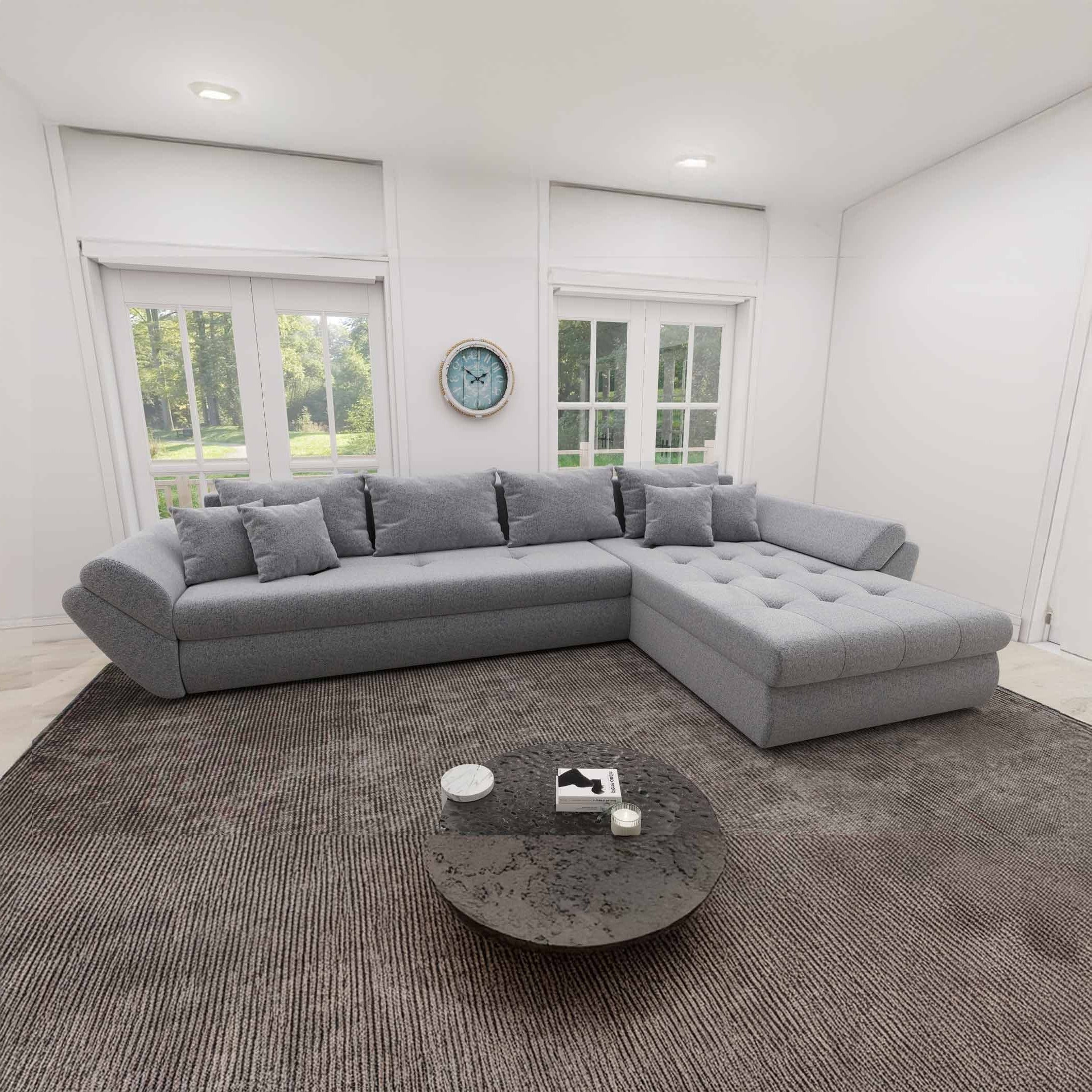 Colțar extensibil dumonde cu ladă de depozitare si sezut confortabil din spuma high-density, Loana XL Monte Gri 84 II 335x185 cm