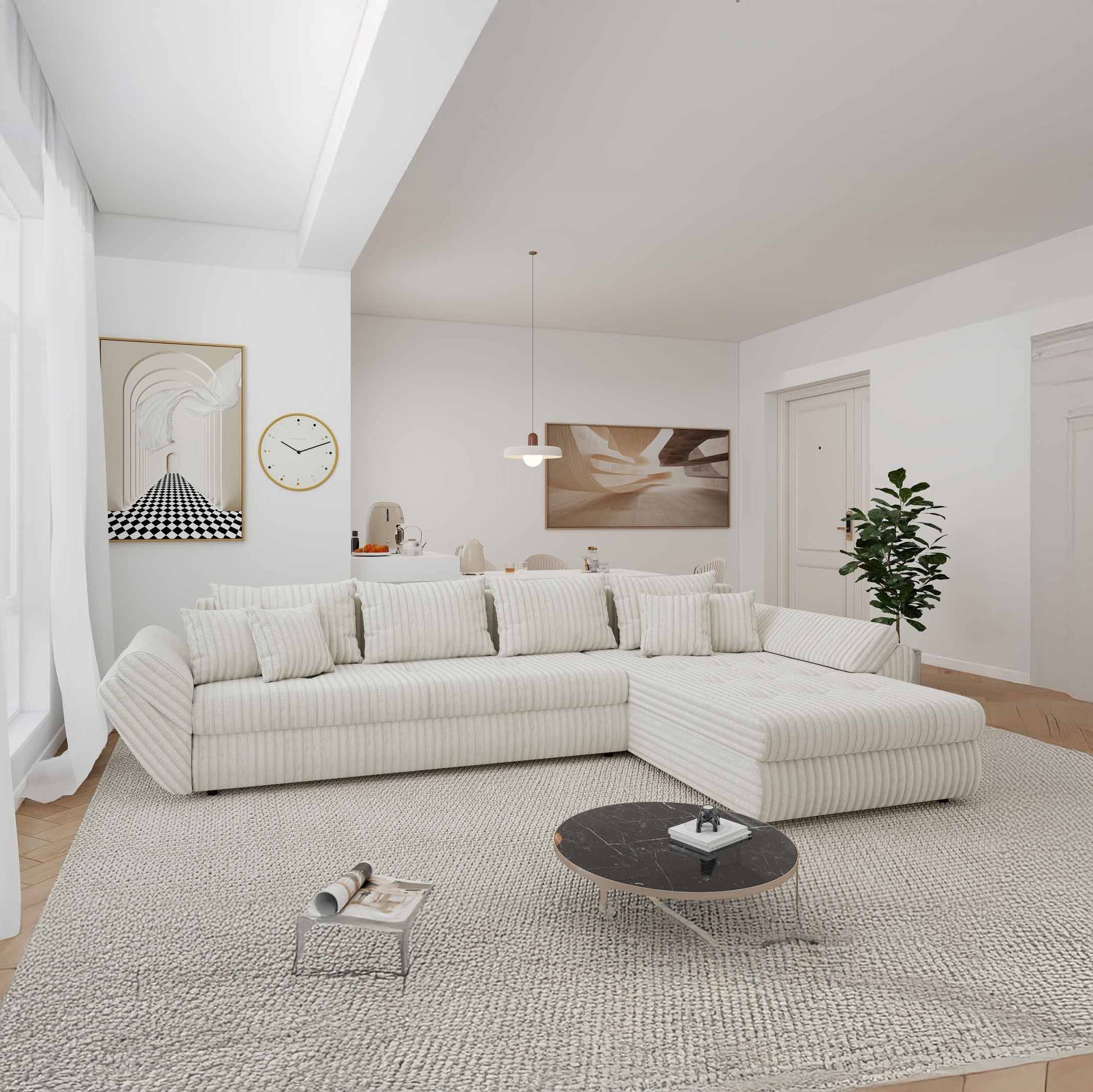 Colțar extensibil dumonde cu ladă de depozitare si sezut confortabil din spuma high-density, Loana XL Tilia Bej 01 II 335x185 cm