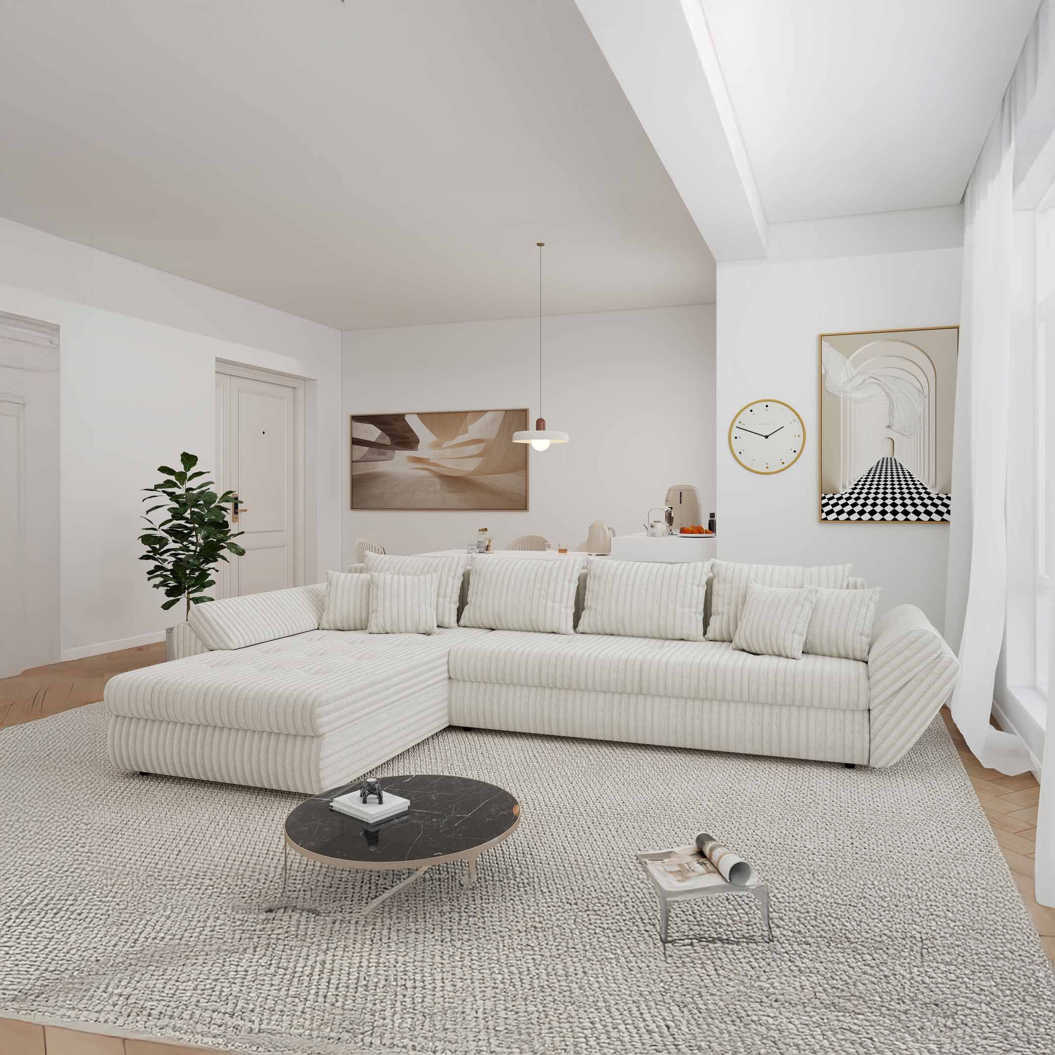 Colțar extensibil dumonde cu ladă de depozitare si sezut confortabil din spuma high-density, Loana XL Tilia Bej 01 335x185 cm