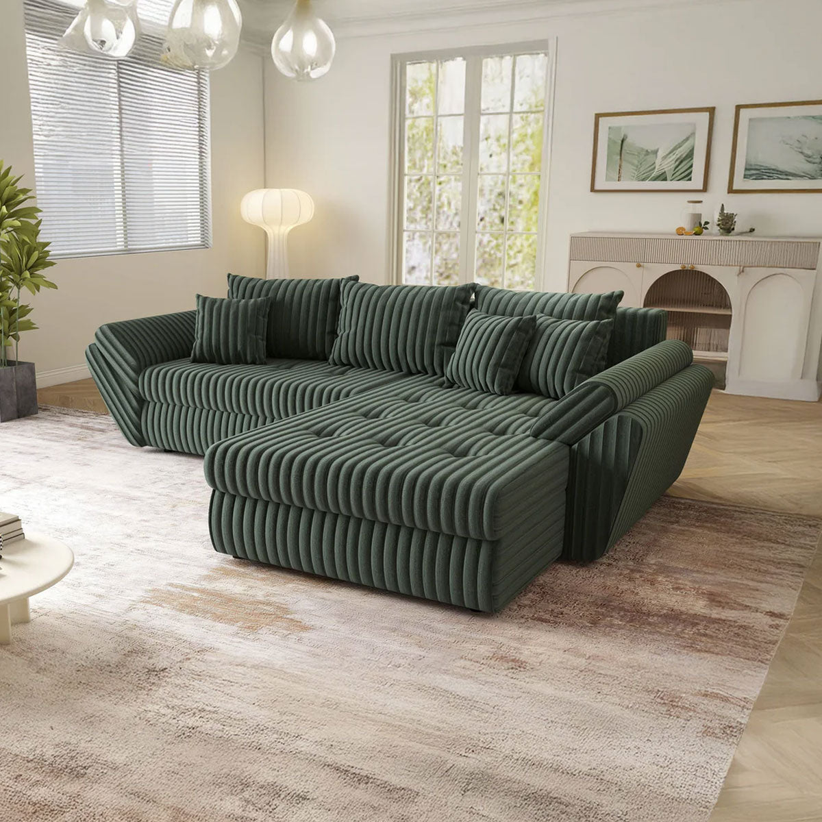 Colțar extensibil dumonde cu ladă de depozitare si sezut confortabil din spuma HR, Loana Ambience Green II 270x185 cm