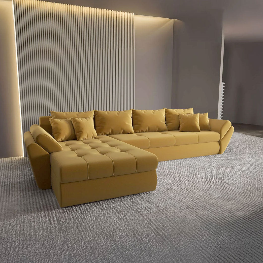 Colțar extensibil dumonde cu ladă de depozitare si sezut confortabil din spuma HR, Loana XL Royal Mustar 335x185 cm