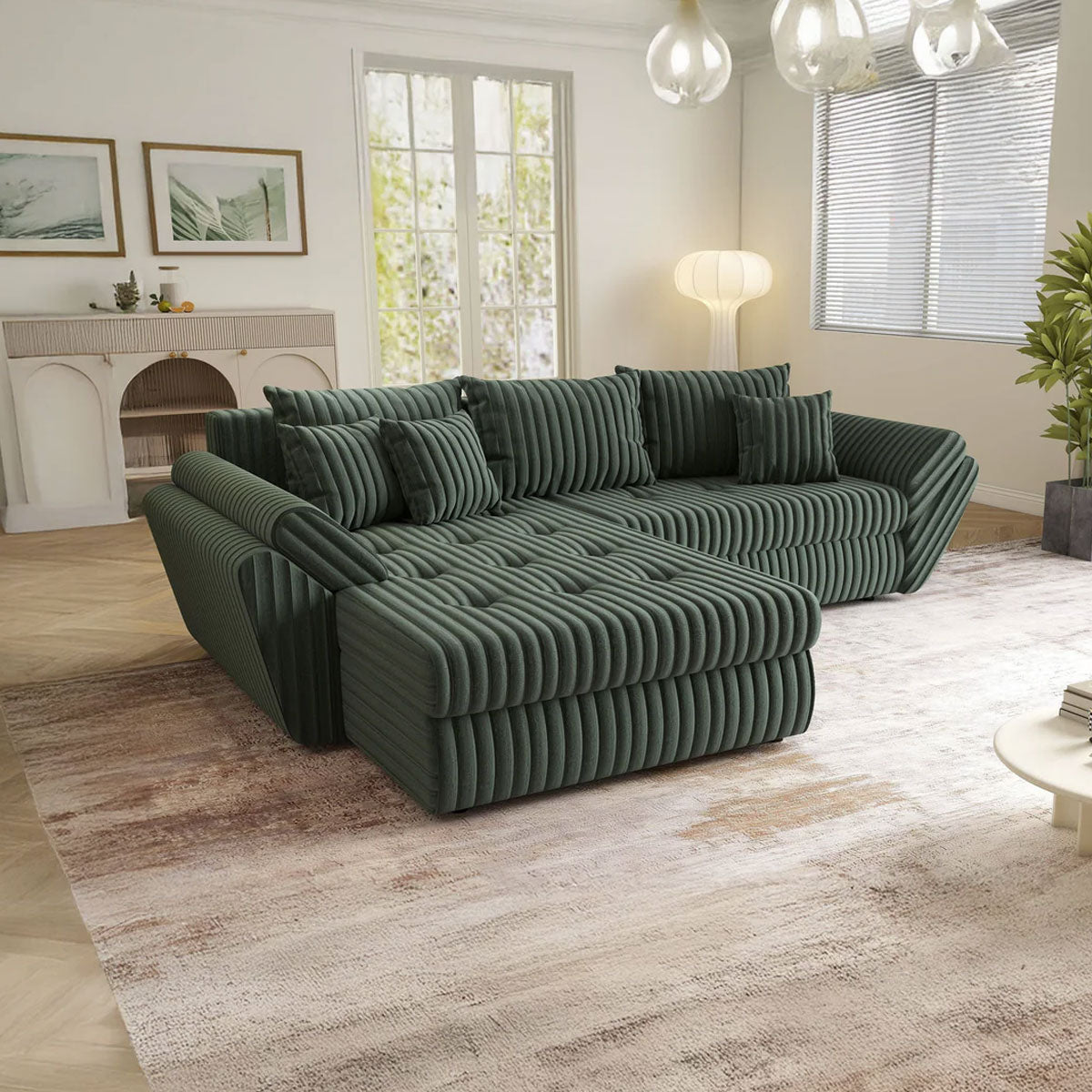 Colțar extensibil dumonde cu ladă de depozitare si sezut confortabil din spuma HR, Loana Ambience Green 270x185 cm