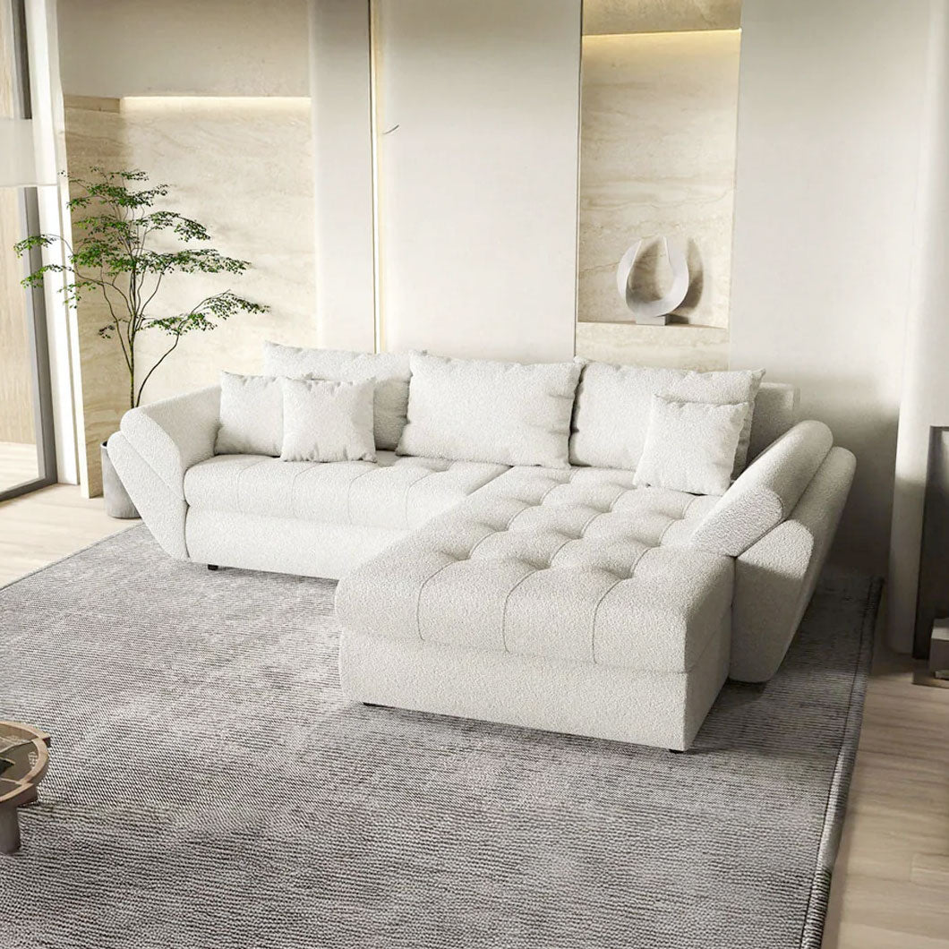 Colțar extensibil dumonde cu ladă de depozitare si sezut confortabil din spuma HR, Loana Euphoria Ivory II 270x185 cm