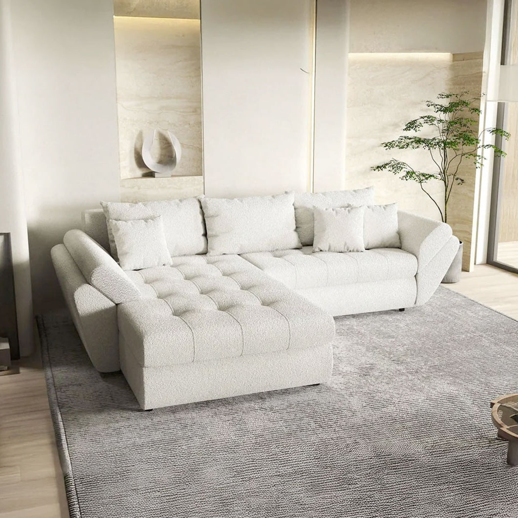 Colțar extensibil dumonde cu ladă de depozitare si sezut confortabil din spuma HR, Loana Euphoria Ivory 270x185 cm
