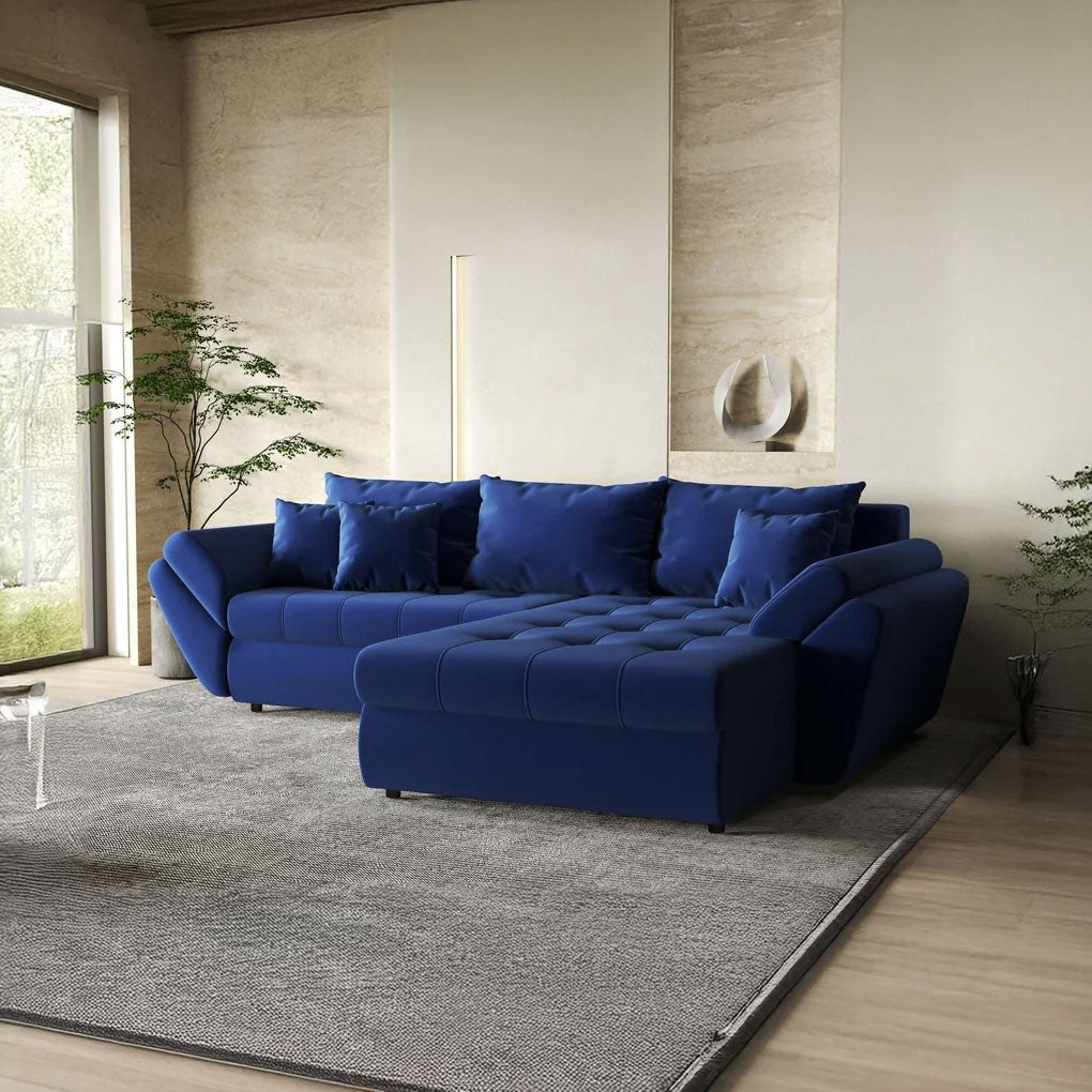 Colțar extensibil dumonde cu ladă de depozitare si sezut confortabil din spuma HR, Loana Royal Blue II 270x185 cm