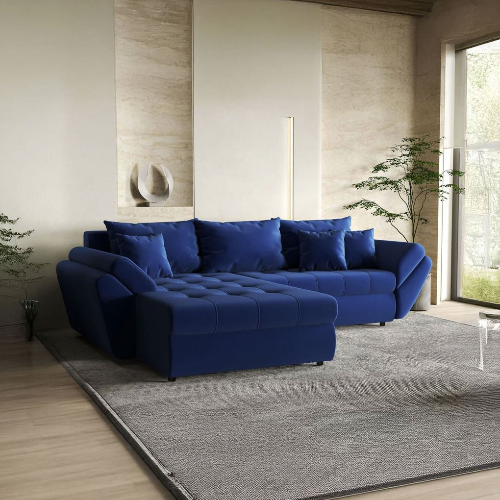 Colțar extensibil dumonde cu ladă de depozitare si sezut confortabil din spuma HR, Loana Royal Blue 270x185 cm