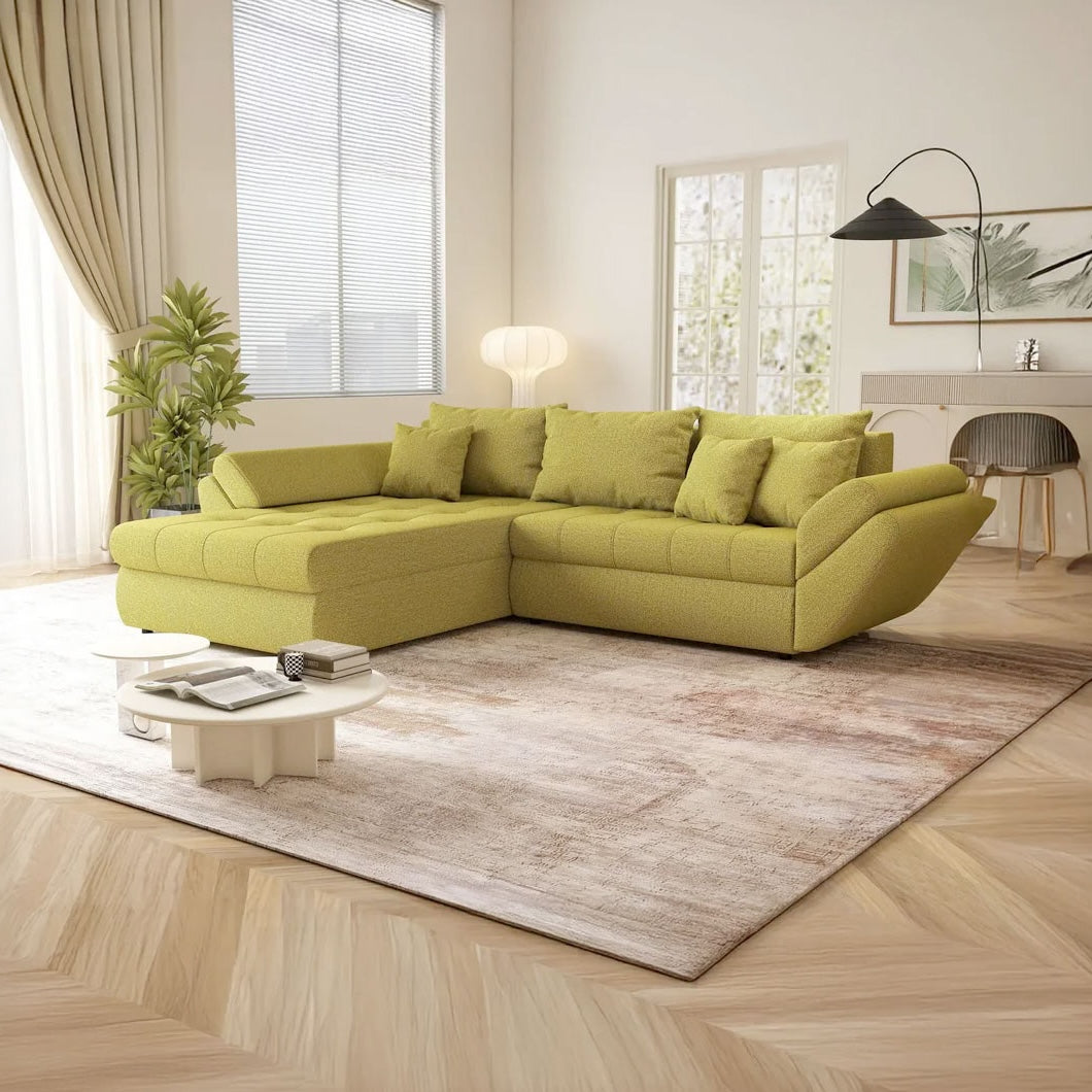 Colțar extensibil dumonde cu ladă de depozitare si sezut confortabil din spuma HR, Loana Enjoy Green 270x185 cm