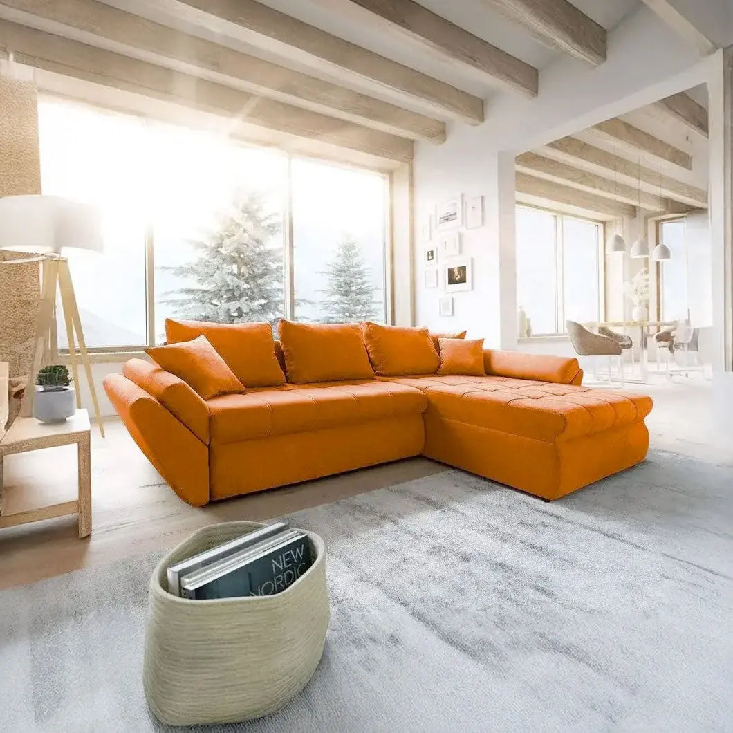 Colțar extensibil dumonde cu ladă de depozitare si sezut confortabil din spuma HR, Loana Enjoy Orange II 270x185 cm Fabrica