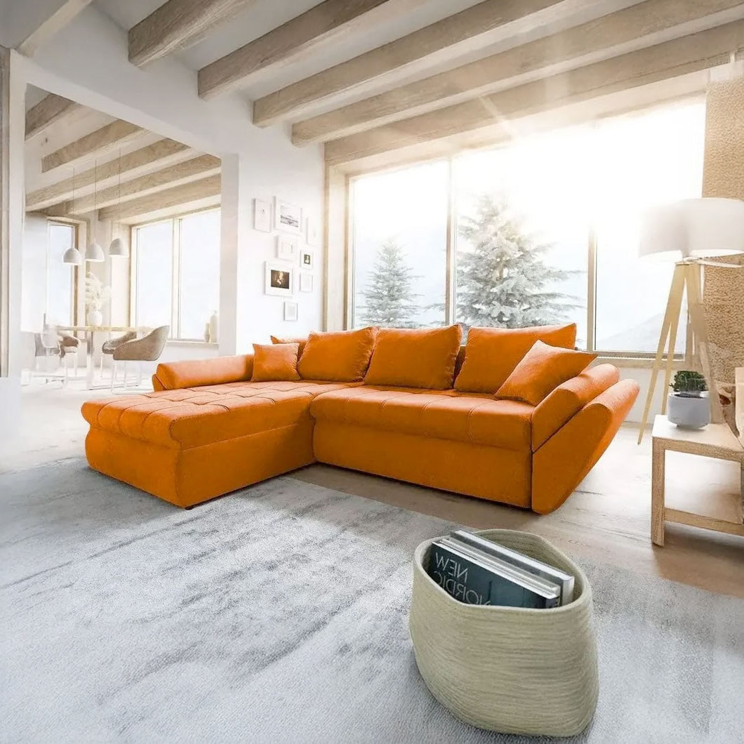Colțar extensibil dumonde ladă de depozitare si sezut confortabil din spuma HR, Loana Enjoy Orange 270x185 cm