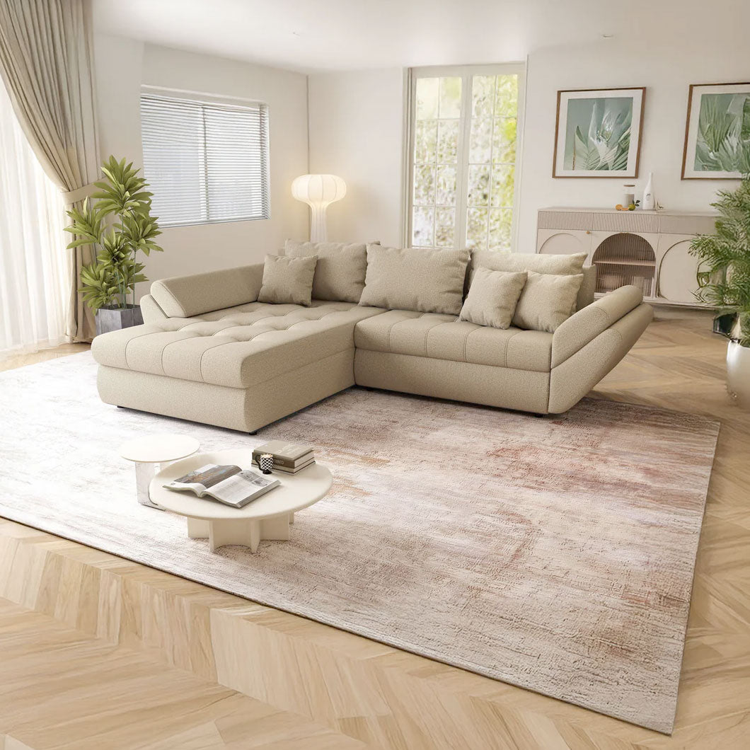 Colțar extensibil dumonde cu ladă de depozitare si sezut confortabil din spuma HR, Loana Enjoy Camel 270x185 cm