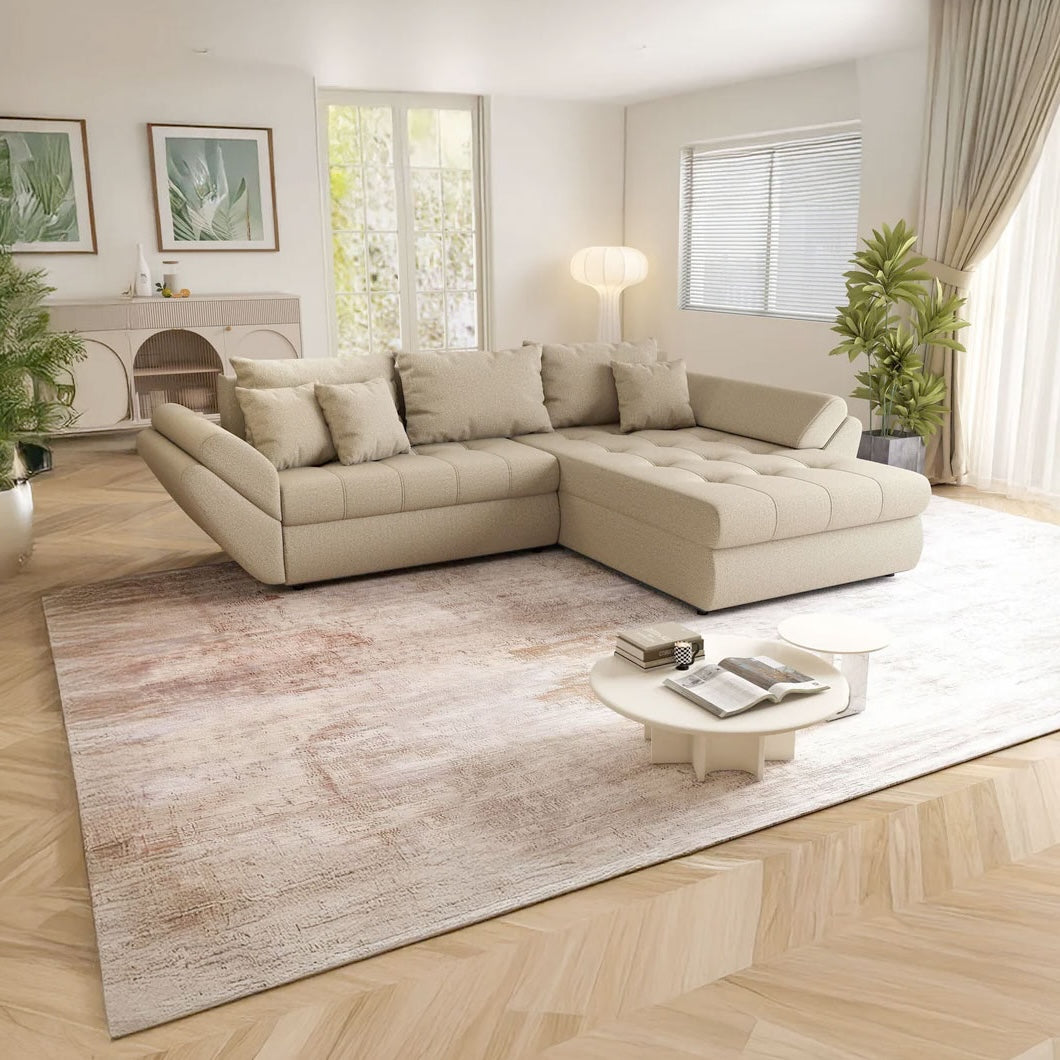 Colțar extensibil dumonde cu ladă de depozitare si sezut confortabil din spuma HR, Loana Enjoy Camel II 270x185 cm