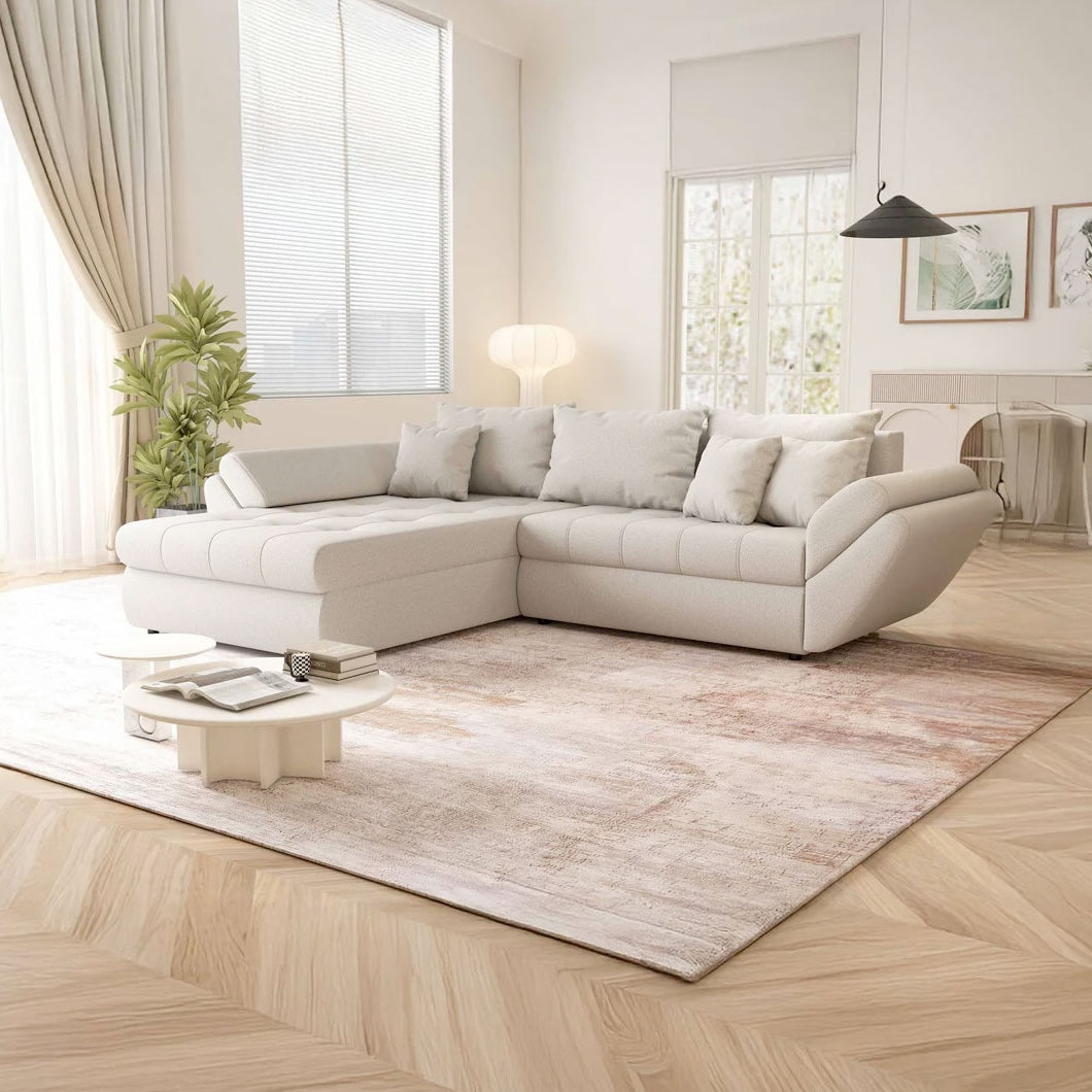 Colțar extensibil dumonde cu ladă de depozitare si sezut confortabil din spuma HR, Loana Enjoy Bej 270x185 cm