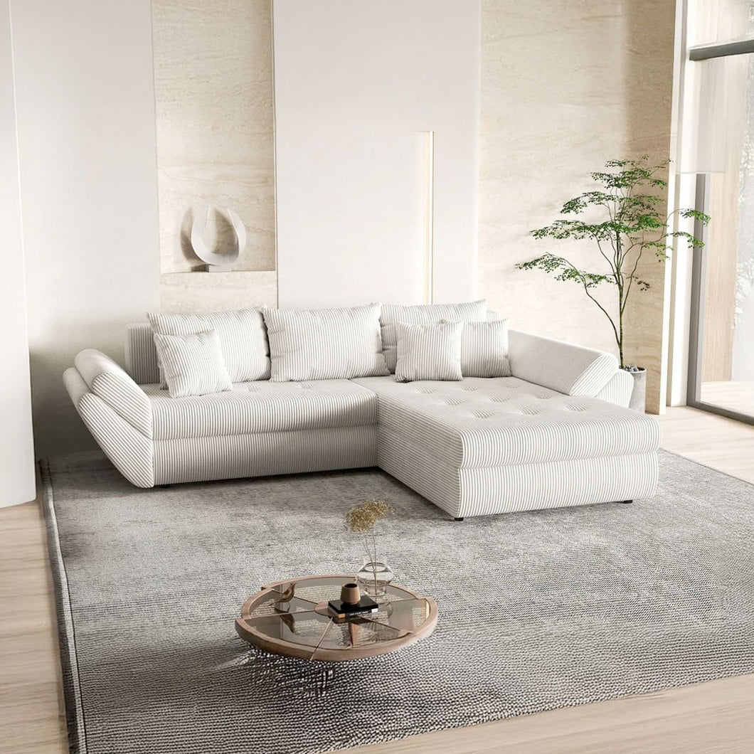 Colțar extensibil dumonde cu ladă de depozitare si sezut confortabil din spuma HR, Loana Zoom Crem II 270x185 cm