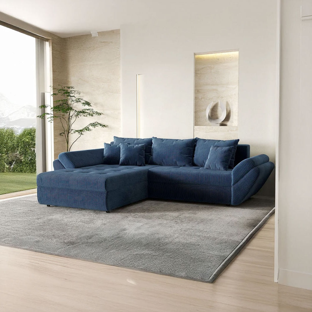 Colțar extensibil dumonde cu ladă de depozitare si sezut confortabil din spuma HR, Loana Zoom Blue 270x185 cm