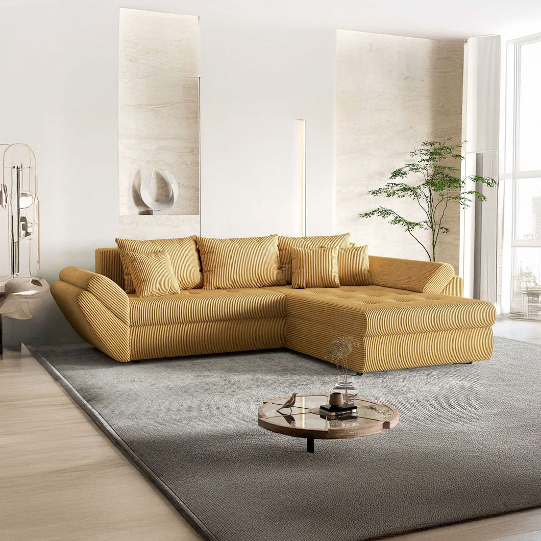 Colțar extensibil dumonde cu ladă de depozitare si sezut confortabil din spuma HR, Loana Zoom Mustar II 270x185 cm