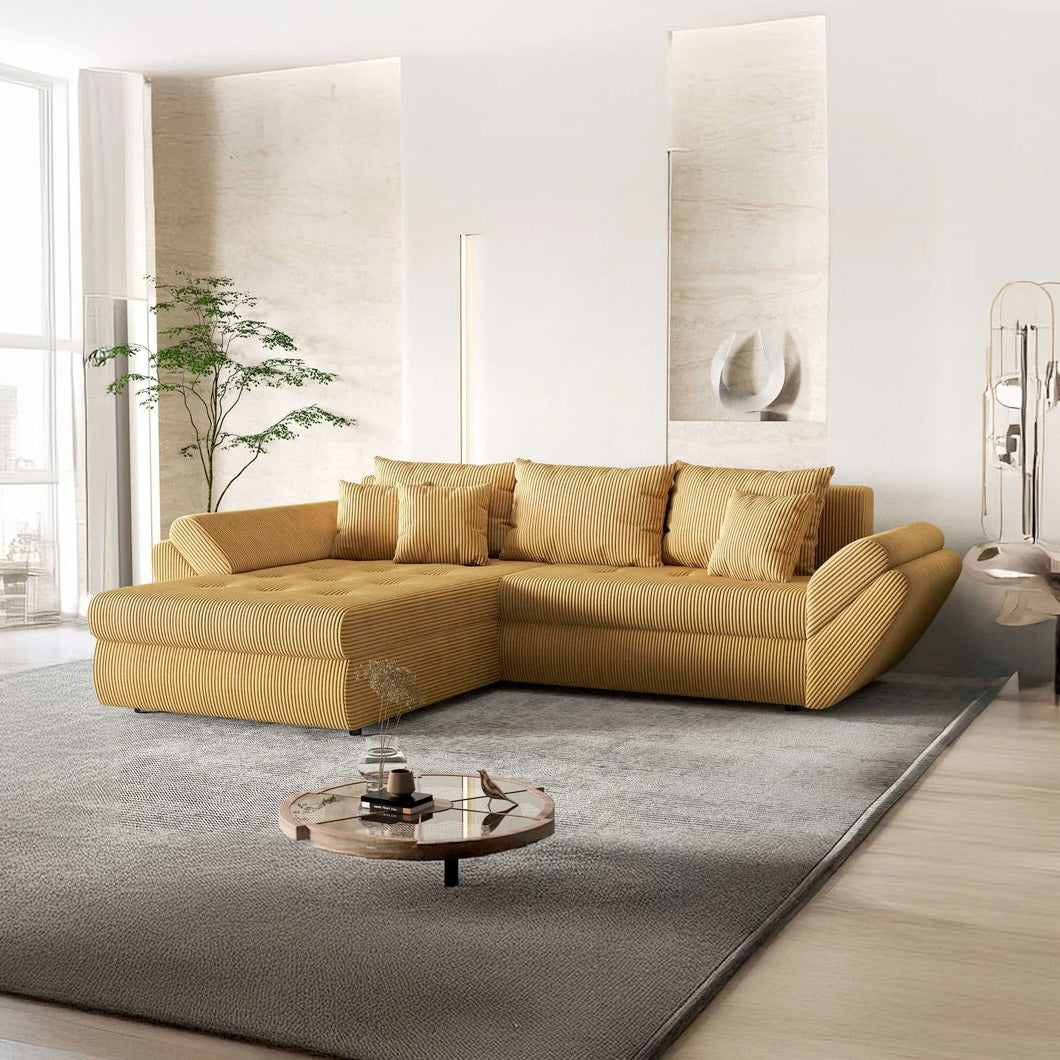 Colțar extensibil dumonde cu ladă de depozitare si sezut confortabil din spuma HR, Loana Zoom Mustar 270x185 cm