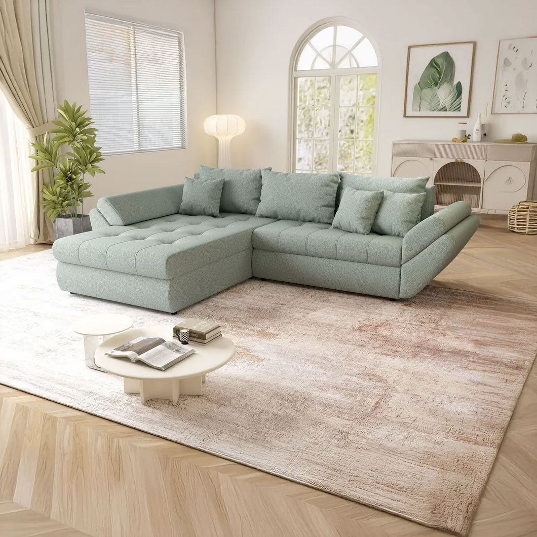 Colțar extensibil dumonde cu ladă de depozitare si sezut confortabil din spuma HR, Loana Enjoy Mint 270x185 cm