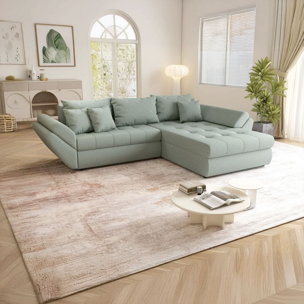 Colțar extensibil dumonde cu ladă de depozitare si sezut confortabil din spuma HR, Loana Enjoy Mint II 270x185 cm