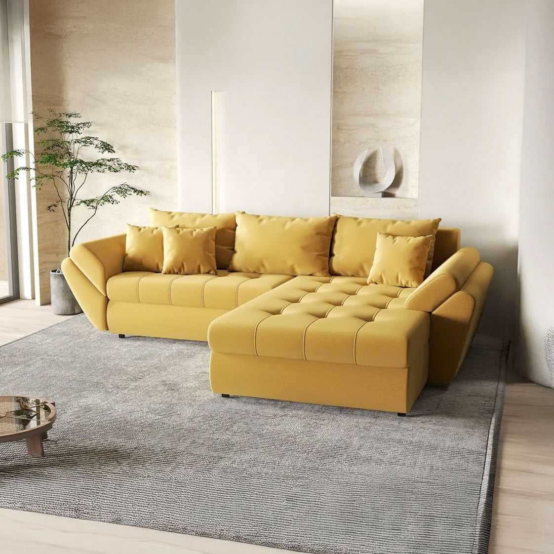 Colțar extensibil dumonde cu ladă de depozitare si sezut confortabil din spuma HR, Loana Royal Muștar II 270x185 cm