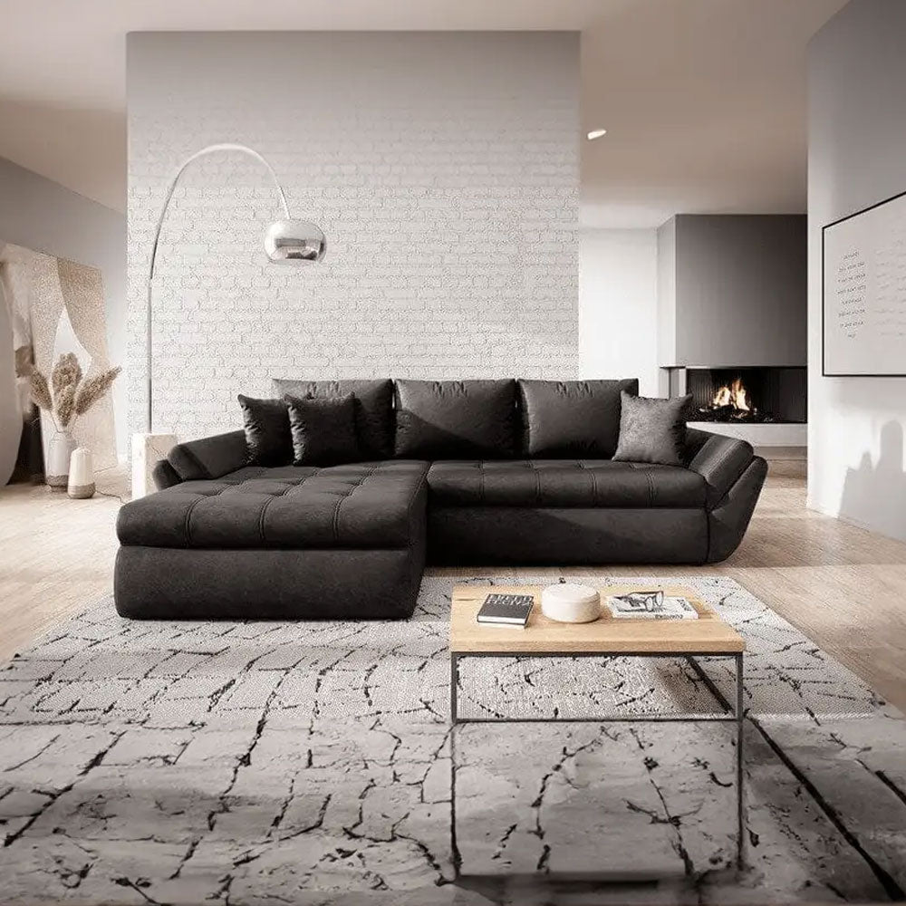 Colțar extensibil dumonde cu ladă de depozitare si sezut confortabil din spuma HR, Loana Deep Black 270x185 cm