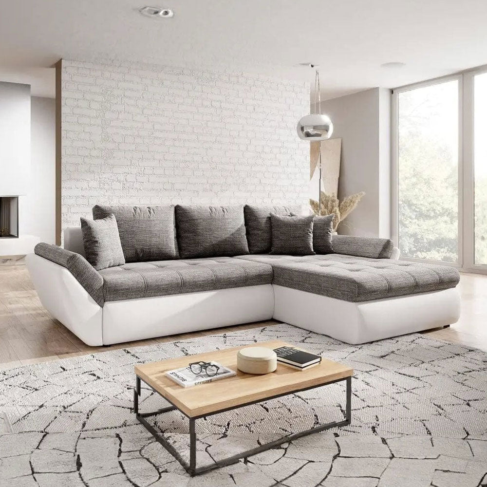 Colțar extensibil dumonde cu ladă de depozitare si sezut confortabil din spuma HR, Loana White 275x185 cm