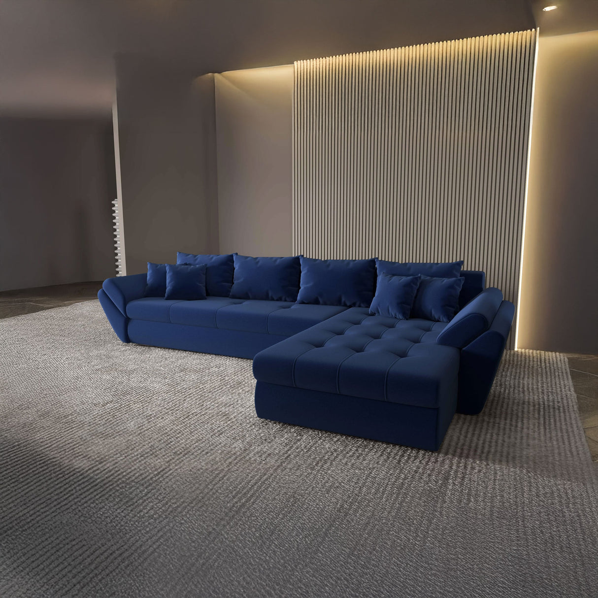 Colțar extensibil dumonde cu ladă de depozitare si sezut confortabil din spuma HR, Loana XL Royal Albastru II 335x185 cm Fabrica