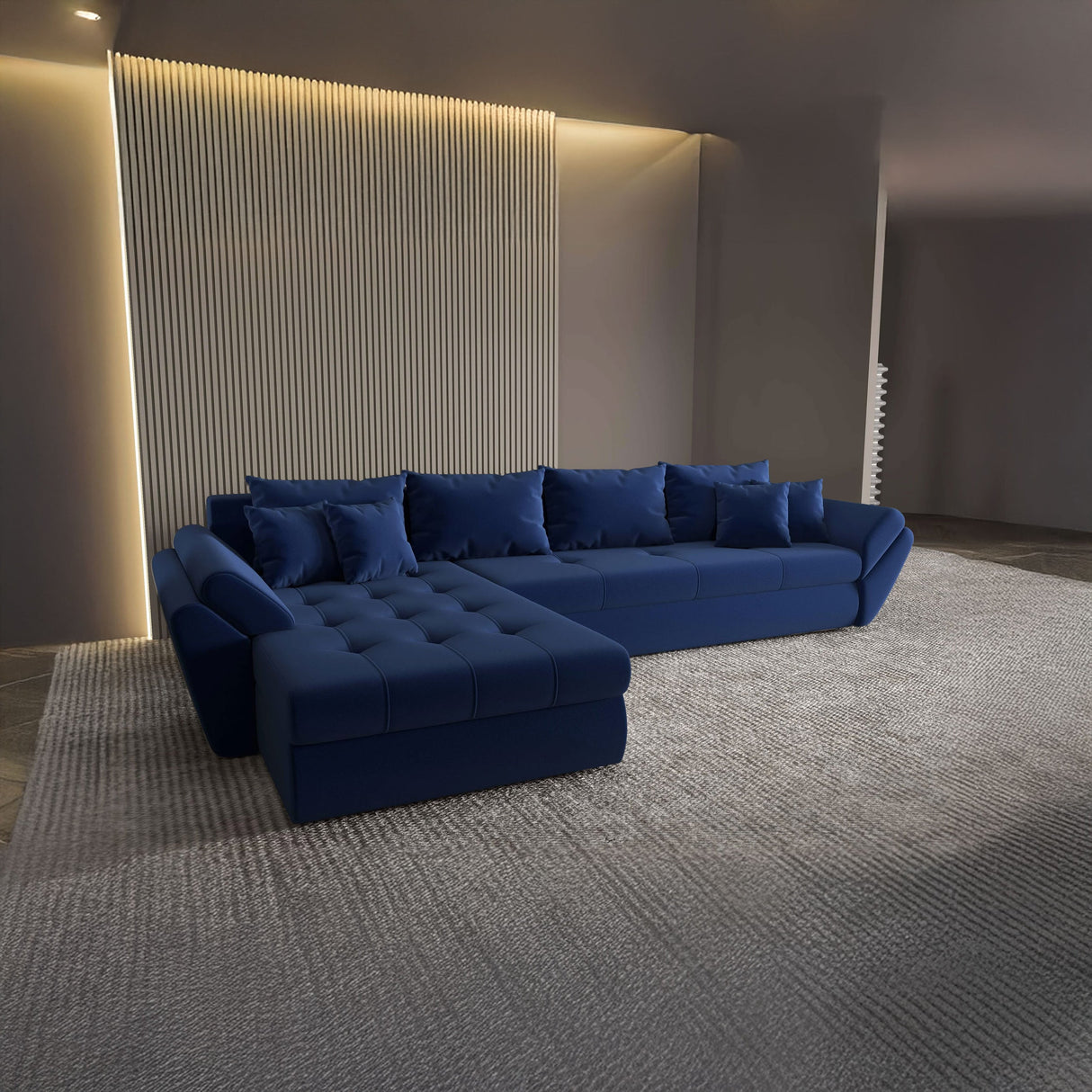 Colțar extensibil dumonde cu ladă de depozitare si sezut confortabil din spuma HR, Loana XL Royal Albastru 335x185 cm Fabrica