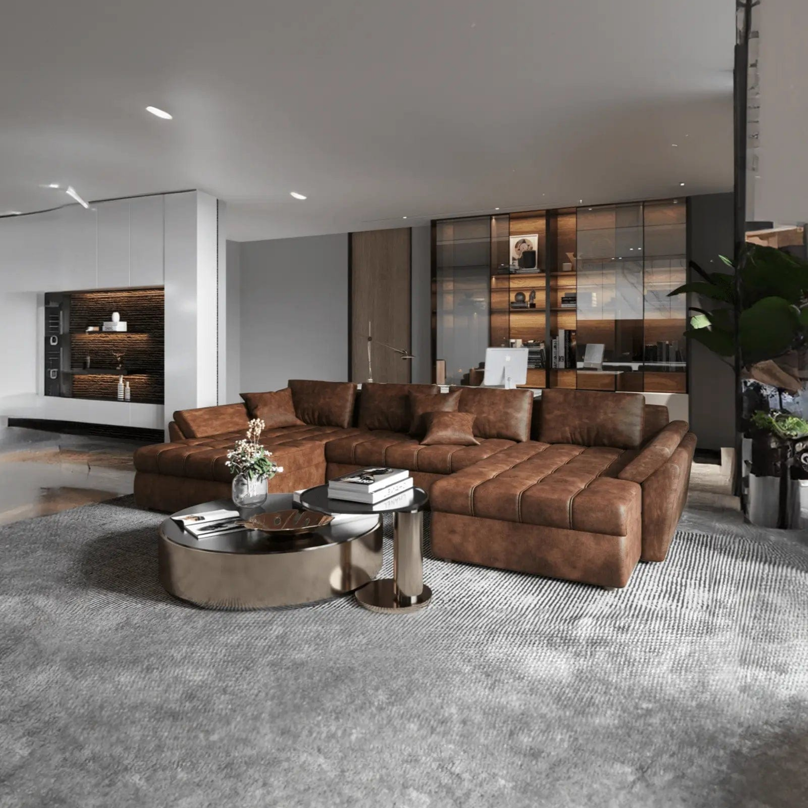 Colțar extensibil dumonde cu ladă de depozitare si sezut confortabil din spuma HR, Loana U Brown 355x185 cm