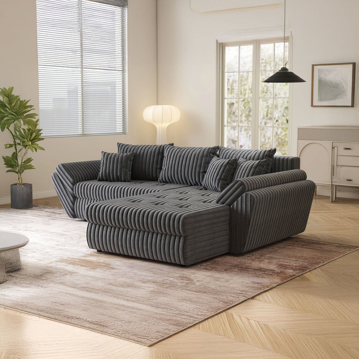 Colțar extensibil dumonde cu ladă de depozitare si sezut confortabil din spuma HR, Loana Gri Ambience II 270x185 cm Fabrica