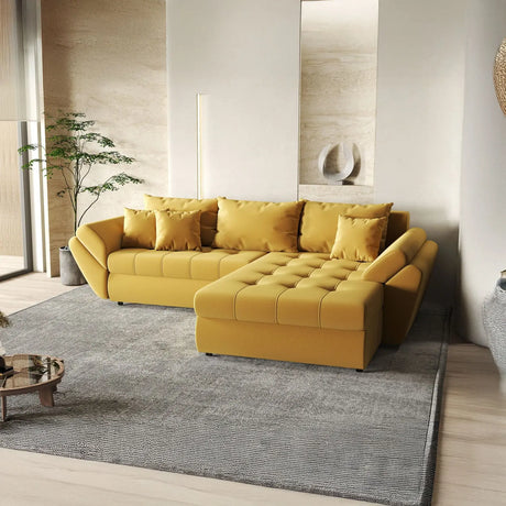 Colțar extensibil dumonde cu ladă de depozitare si sezut confortabil din spuma HR, Loana Muștar II 270x185 cm Fabrica